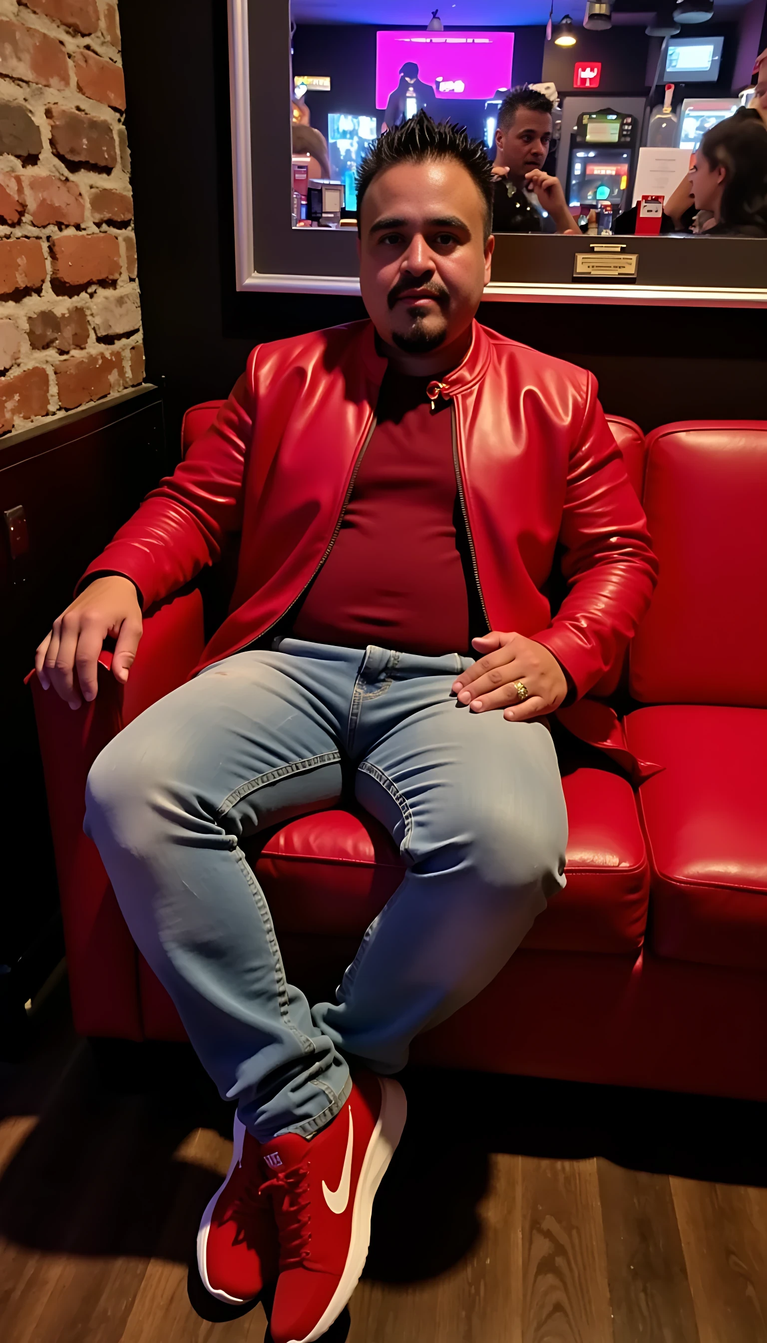 CSTMDL average man body  seating in a couch leg crossed wearing a light blue jeans with a red leather Ferrari jacket and red shoes  with a nightclub background 