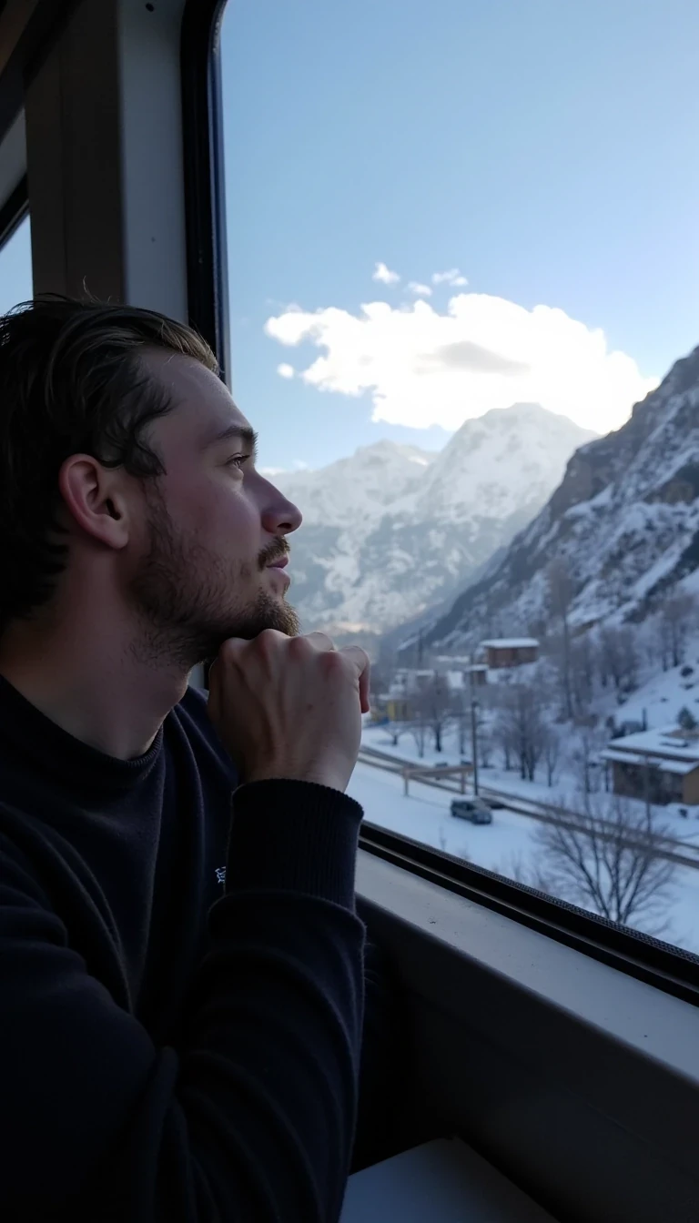 A long range low quality snap chat photo of CSTMDL looking out a train window towards the mountains of Switzerland where we can see majority of his body and the camera snapping the photo from the opposite side of the other seats facing him, the weather outside is cold but with the sun shining on the mountains peeks but having coverage of snow at the top of the mountain. he has his chin resting on one of his hands and the elbow on the base of the table with his head turned towards the scenery while the beautiful sunlight shines through the window. 