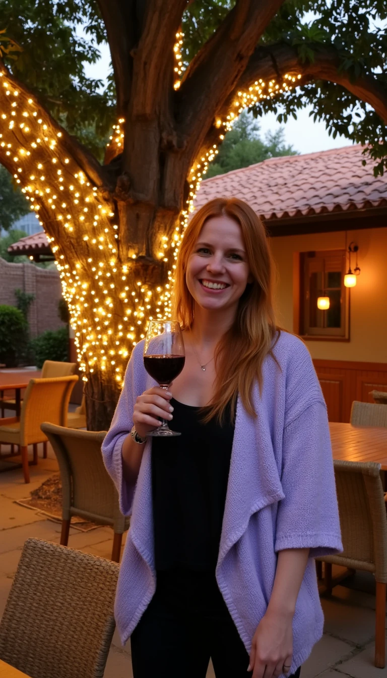 A full body shot photo of a woman standing outdoors at a cozy, warmly lit patio in the evening, with soft, glowing lights wrapped around a tree behind them creating a charming atmosphere. The image is rich in detail, with warm tones and clear textures throughout. The woman has fair skin, a slim build, and long reddish-blonde hair, also worn loose. She is smiling warmly at the camera, holding a glass of red wine in her right hand, and wears a soft-textured lavender cardigan over a black top. The background features a large tree with sparkling string lights wrapped around its trunk and branches, adding a magical touch to the scene. The setting suggests a private outdoor seating area, with elements like terracotta-tiled roofing, greenery, and rattan chairs contributing to a serene, inviting vibe. The overall composition is balanced, with the woman framed against the softly glowing tree, and the lighting enhances the warm, intimate feel of a quiet evening shared among friends. The details are vivid, with textures of clothing, skin, and background elements clearly visible, while the warm lighting creates a relaxed and joyful mood