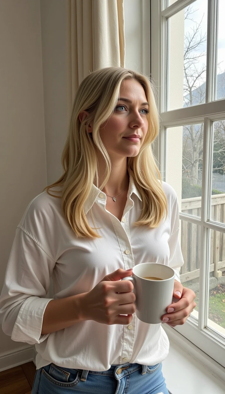CSTMDL, a blonde with soft morning hair and glowing skin, standing by a bright window with sunlight streaming in. She’s in an oversized button-up shirt, holding a coffee mug, gazing out the window with a dreamy look, as if starting her day with quiet confidence