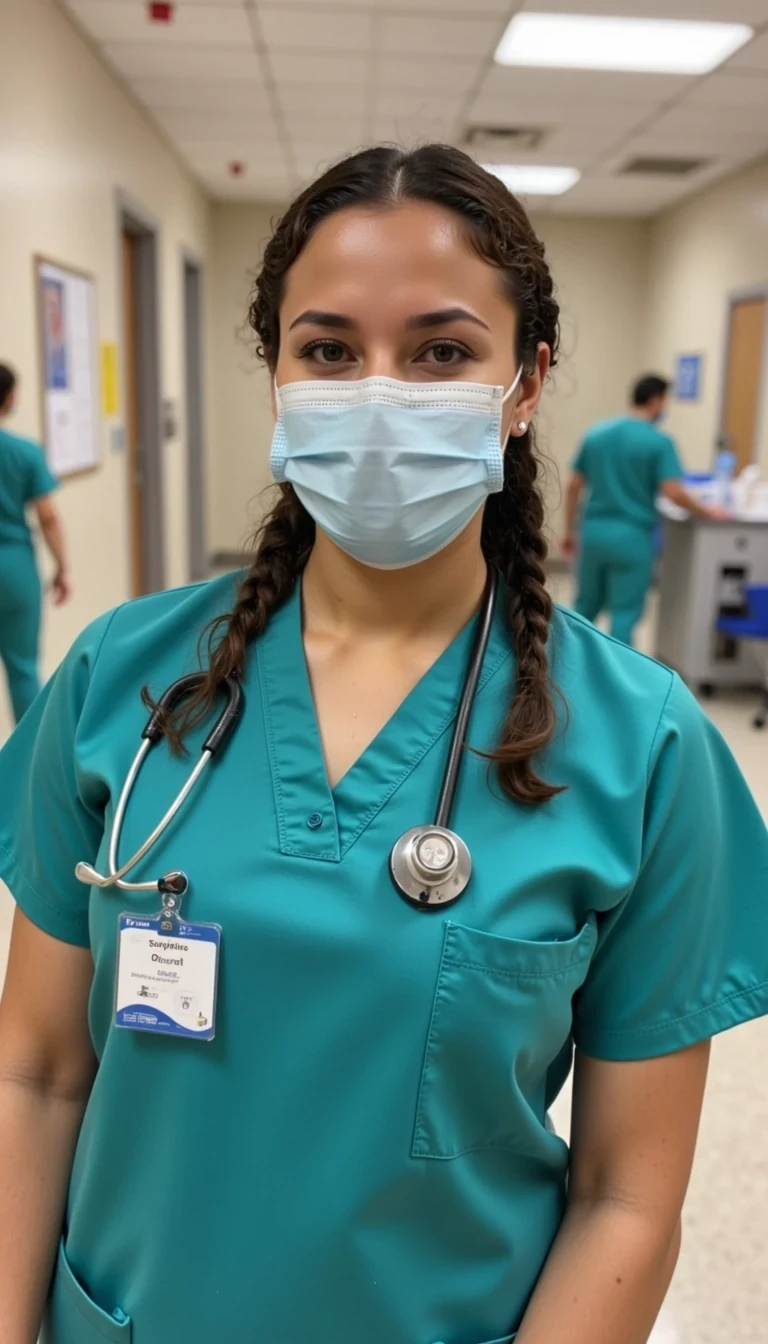 cstmdl. wearing scrubs at hospital