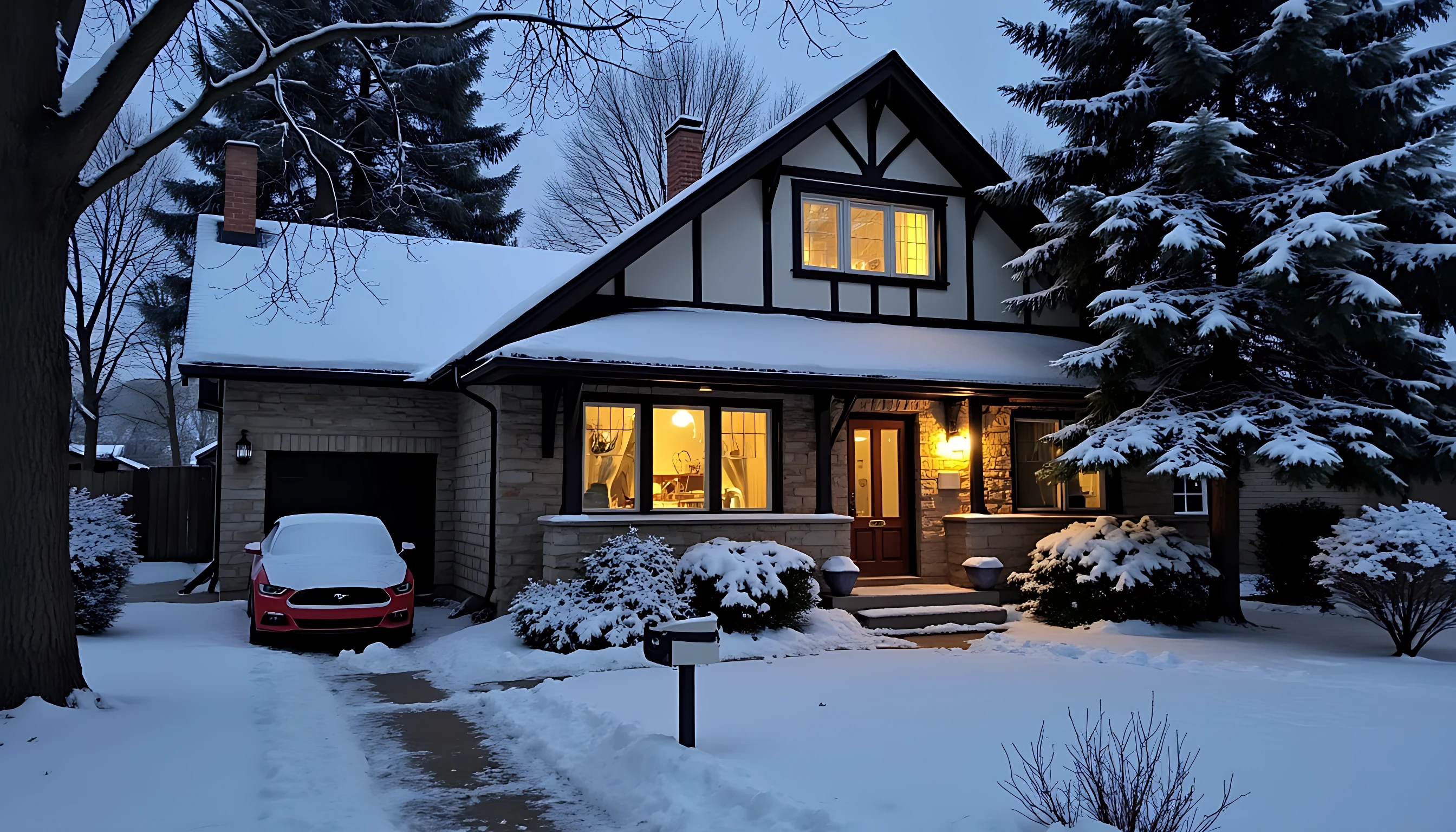 She is standing outside her home, wearing overcoat and long winter shoes, her home is small but beautiful canadian type house, a red mustang charger on side. Maple trees are around house, night time, very heavy snowfall. Her feet are half in snow 