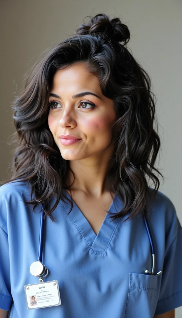 Young woman with long curly black hair wearing nursing scrubs with hair in a bun