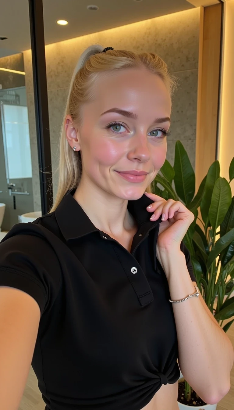 CSTMDL, Hailey, A photorealistic portrait of a young woman in her early 20s with fair porcelain skin, smooth complexion, subtle natural makeup with soft pink lips and light eyeliner, straight blonde hair tied back in a neat ponytail, bright blue eyes sparkling with warmth, friendly genuine smile revealing straight white teeth, confident and approachable demeanor, gazing directly at the viewer with engaging eye contact; she is wearing a ((fitted black short-sleeved polo shirt)), no visible accessories; ((She is pulling up her polo with one hand to show her light blue sexy bra)). her pants are black. She is taking a selfie with the other hand. set in a modern upscale restaurant bathroom interior with high ceilings, warm ambient lights with golden glow in the background; dominant colors are neutral blacks and grays with pops of green foliage, warm wood tones; composition is a medium close-up shot from a slight low angle to emphasize approachability, framed centrally with balanced symmetry, captured with a Canon EOS 5D Mark IV camera using a 50mm prime lens at f/2.8 aperture for shallow depth of field, ISO 100 for crisp details, lighting supplemented by soft indoor LEDs at 4000K color temperature, hyper-realistic textures like the soft cotton weave of the polo shirt, and smooth skin pores; ultra-detailed, hyperrealism, photorealistic rendering indistinguishable from a high-resolution photograph, 8k resolution.