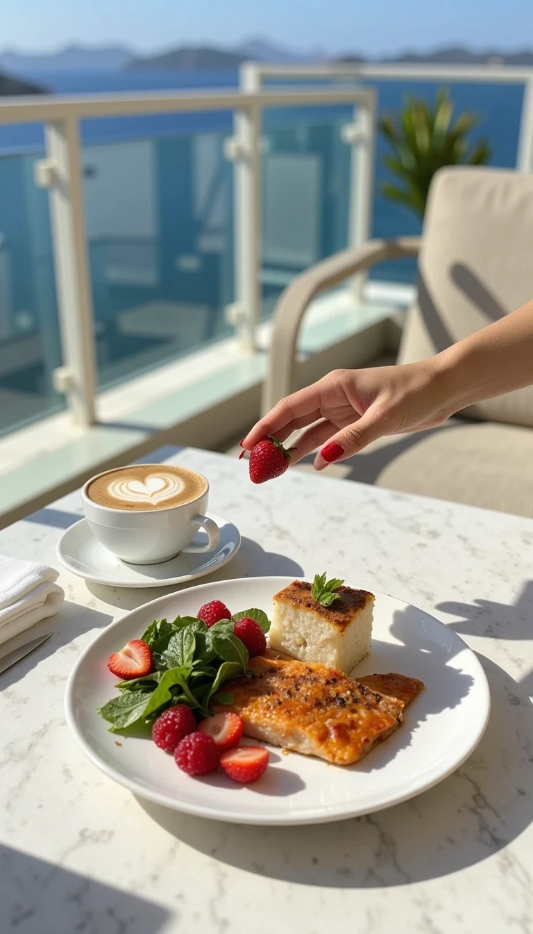  CSTMLD Ultra-realistic cinematic full- CSTMLD  shot, marble balcony table with meal , fish and vegetables, berries, cappuccino with heart foam art, luxury silk napkin. Sunlight reflects off glass railing, ocean blur behind. A hand with red nails delicately holding a strawberry enters the frame.