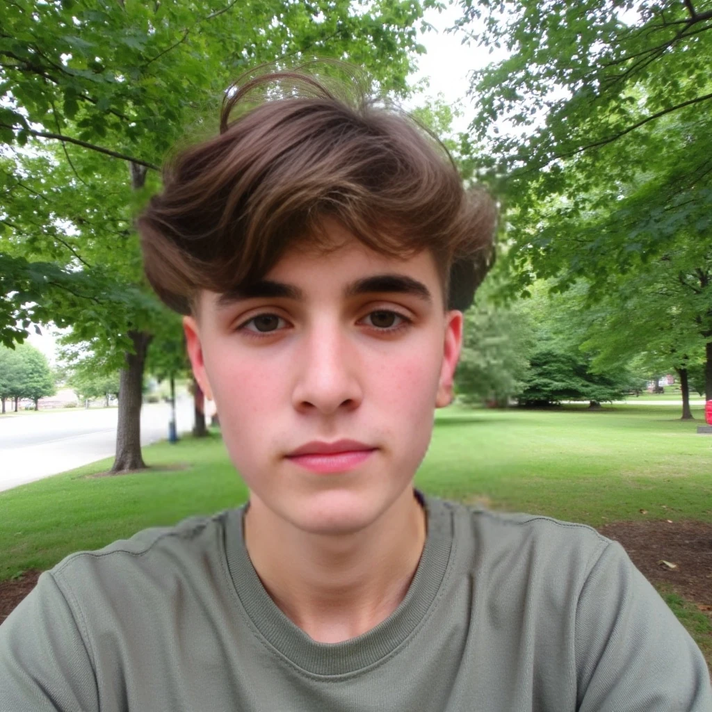 boring low quality snapchat photo circa 2015, cute teen man, soft light brown hair, posing in a park