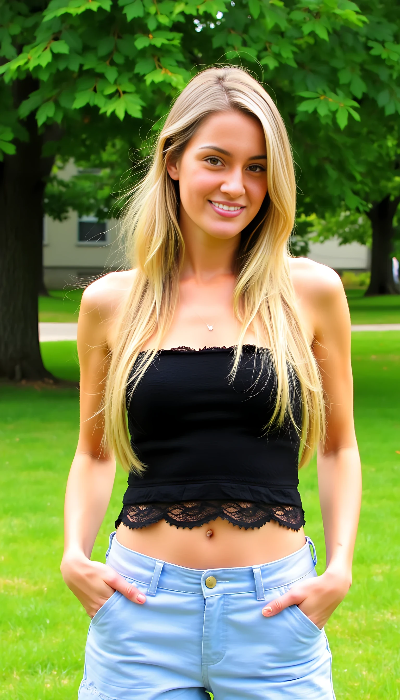A woman with long highlighted hair stands confidently in a sunlit park. She is wearing a black lace tube top and light blue short with her hands in her pockets. The background features lush green trees and grass, with a building partially visible behind her. She has a relaxed and poised expression, and the lighting highlights her features against the vibrant outdoor setting.