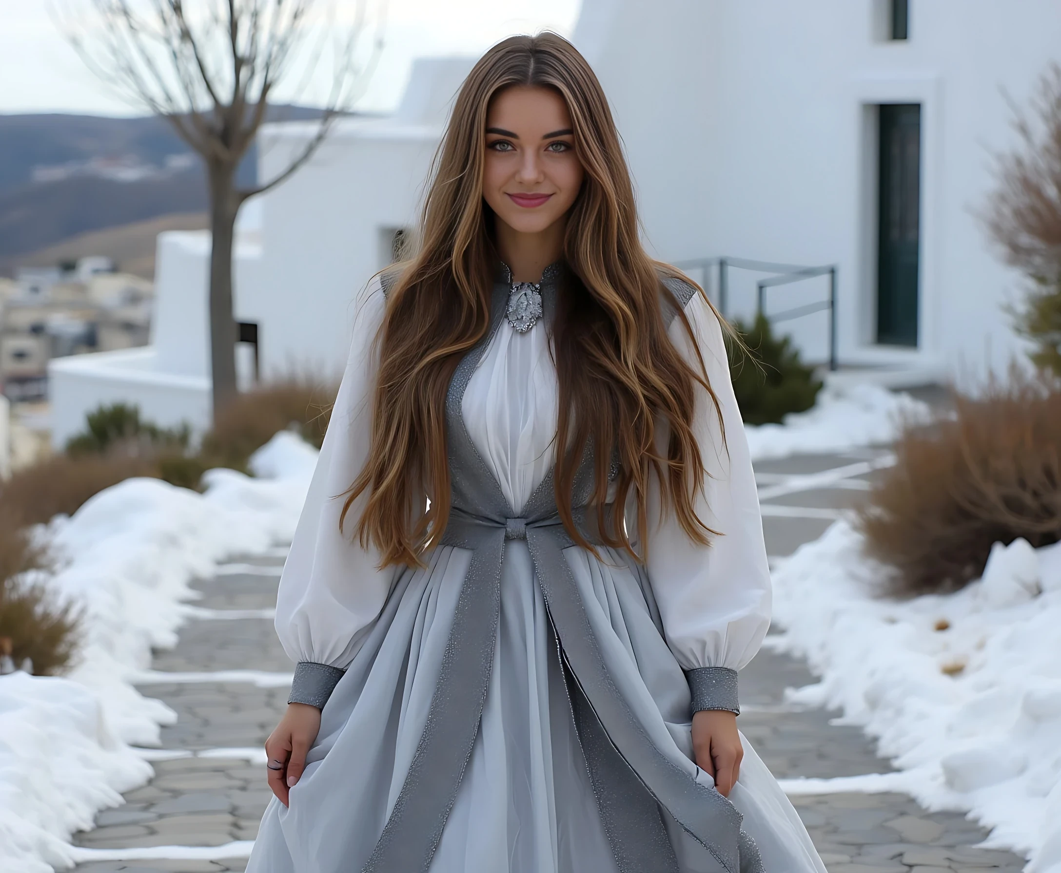 create an ultra-realistic full body image of a 19 year old Serbian woman. she is tan. She stands at 5'9", embodying the epitome of allure and charm with her sharp Slavic facial features. Her captivating blue eyes and long, brown hair enhance her mesmerizing presence. she is dressed in a grey and white beautiful winter dress, she is walking on a cobble stone street in  santorini in Greece. her expression is smiling. Focus on extreme realism, especially in her facial details. her hair is almost to her waist in length. her eyes are extremely realistic and she is looking directly in the camera. hands are perfectly detailed and realistic. her hair is long in length reaching almost to her hips. 