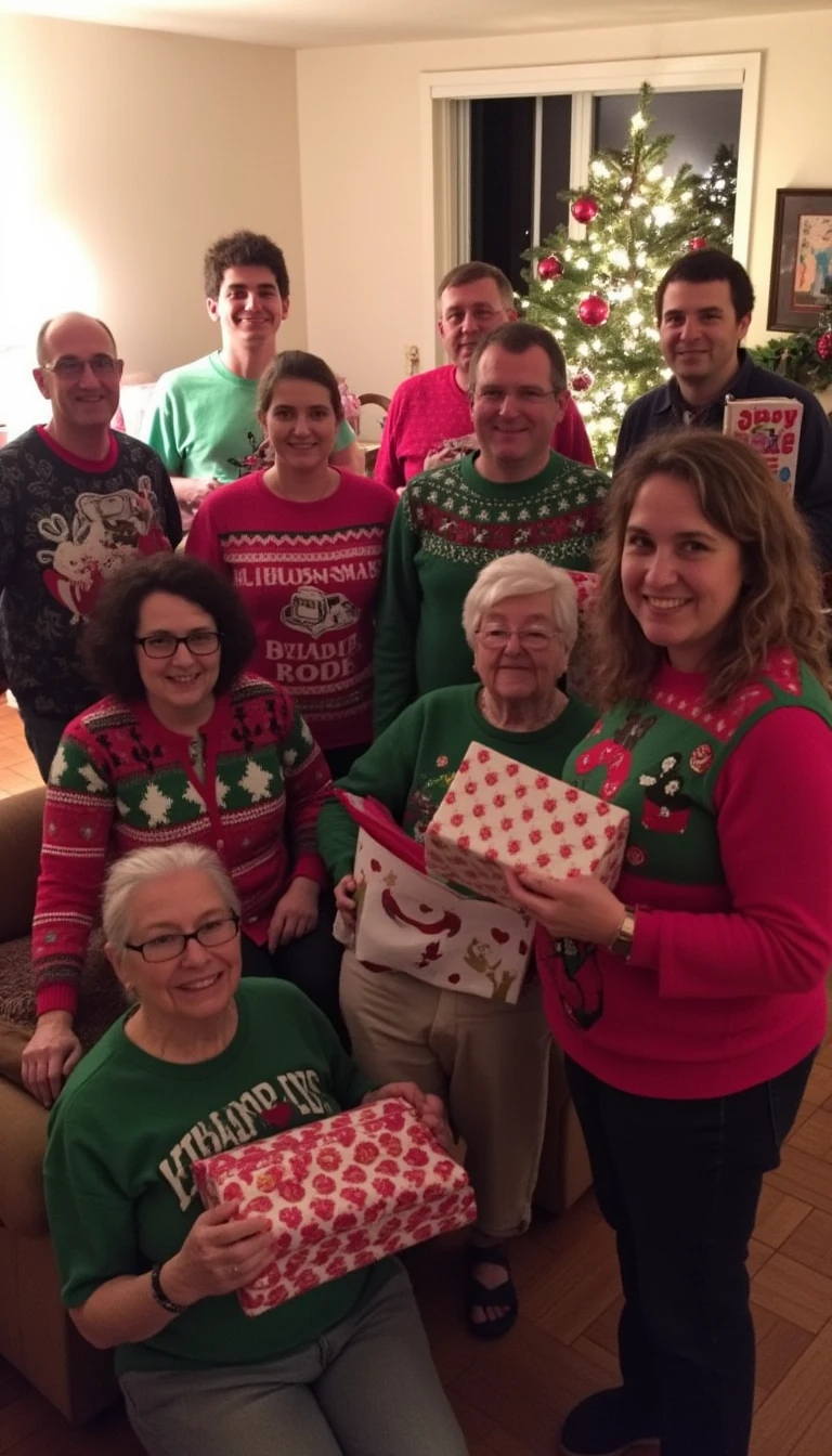 boring low quality snapchat photo circa 2015, this picture is being taken at a family gathering of guests all over a family room in Christmas themed sweaters. Some are holding Christmas presents that are wrapped in red and white wrapping paper. There are 2 seniors in the room as well. There is a Christmas tree wrapped in lights on display.