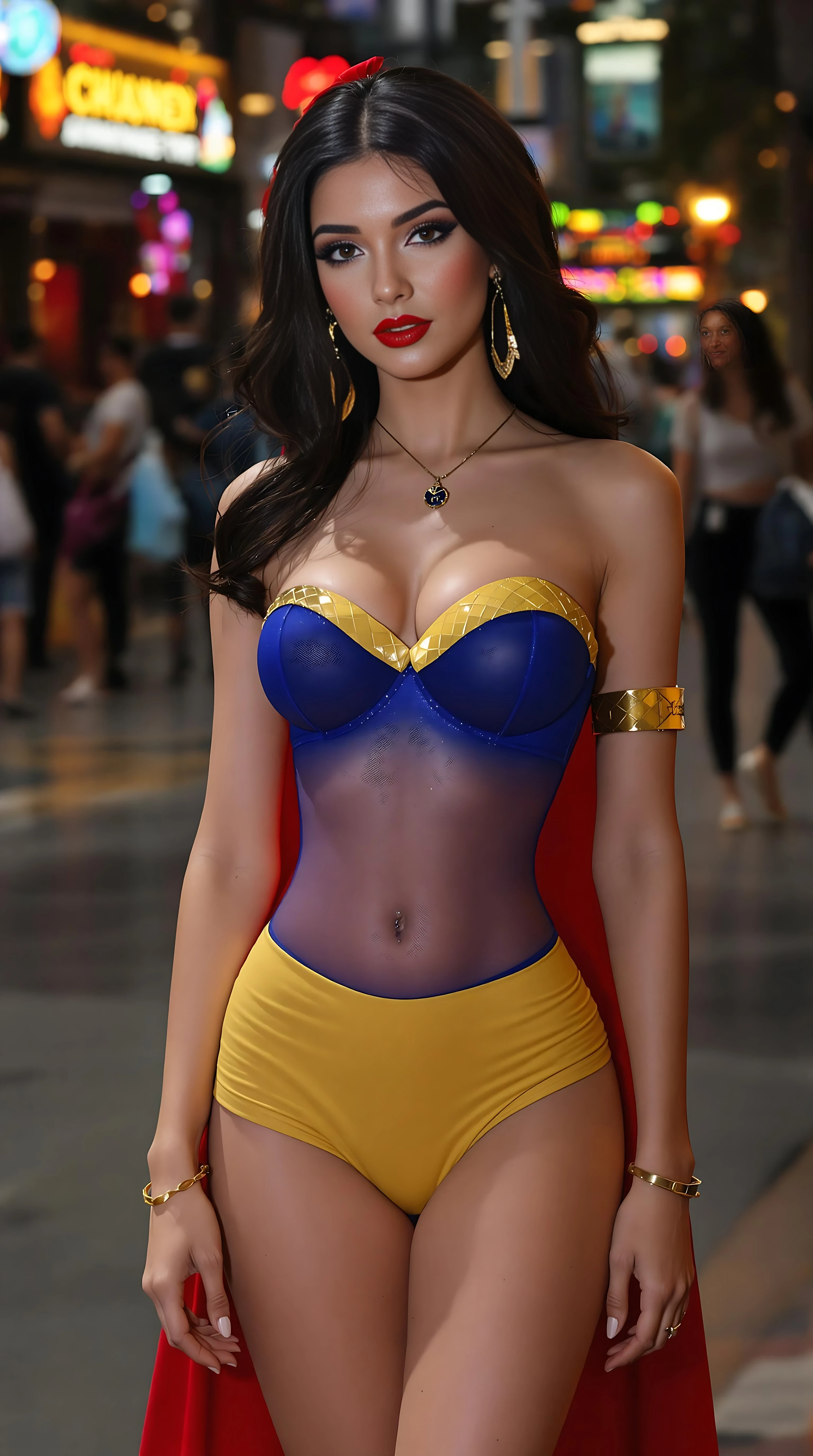 Hyper-realistic, modern Disney princess snow white, she the real disney princess snow white just upgradedand updated to modern times year 2025 21st century, shes wearing a skin-tight strapless backless top and a skin-tight short micro tube short skirt, gold armlet, cute bracelet, flat stomach, full ultra-glossy lips, super thin outfit fabric, disney princess snow white was spotted leaving a nightclub tonight, her heels with ankle straps giving her a sluty walk, name necklace, snow white is a baddie and she proved it a bit to much tonight, guys couldn't keep their eye of her as she danced slowly and seductively tonight, her little skirt nicely and tightly squeezing her pretty ass cheeks,
