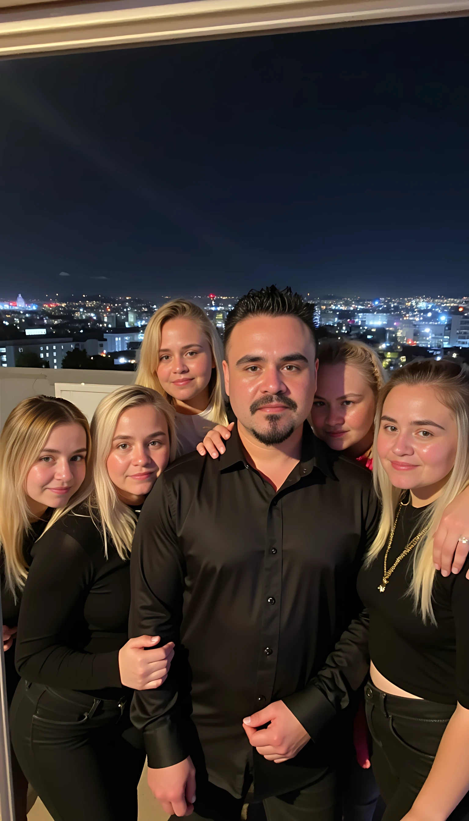 Selfie in a  mirror full man body wearing a  nice black dress shirt   Hugging with 5 blonde girls with blue eyes in a  big city night lights background 
