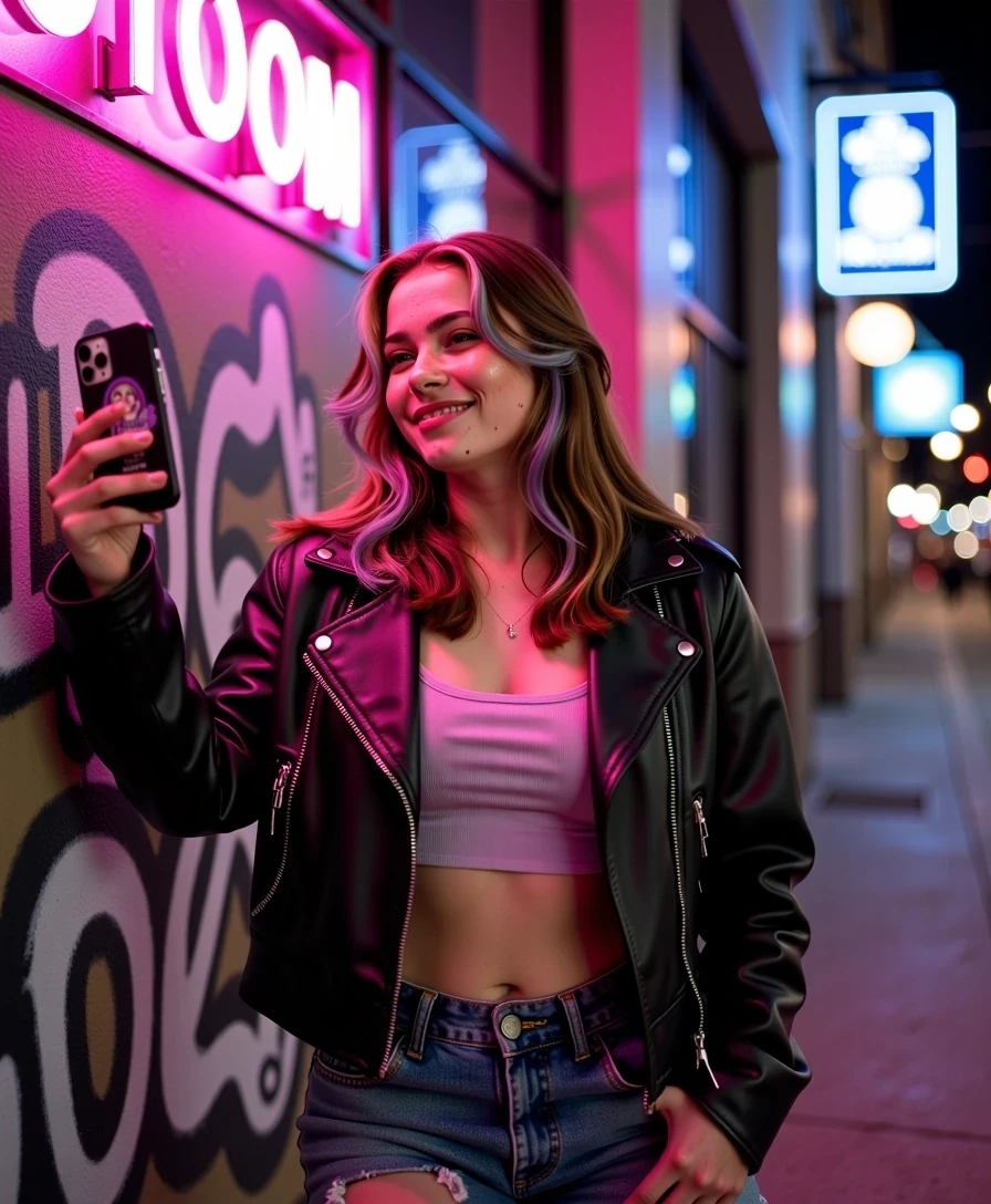 Amateur photography photo of Nova, standing under neon lights on a Brooklyn street at night, wearing a cropped black leather jacket over a pastel tank top and ripped jeans. She is leaning against a graffiti-covered wall, one hand in her pocket, the other holding her phone, a white titanium colored  iPhone16 Pro Max in a black case with an anime design. Expression: playful smirk, like she’s laughing at something off camera. The neon pink and blue signs reflect in her hair streaks, cinematic realism, moody nightlife aesthetic.
