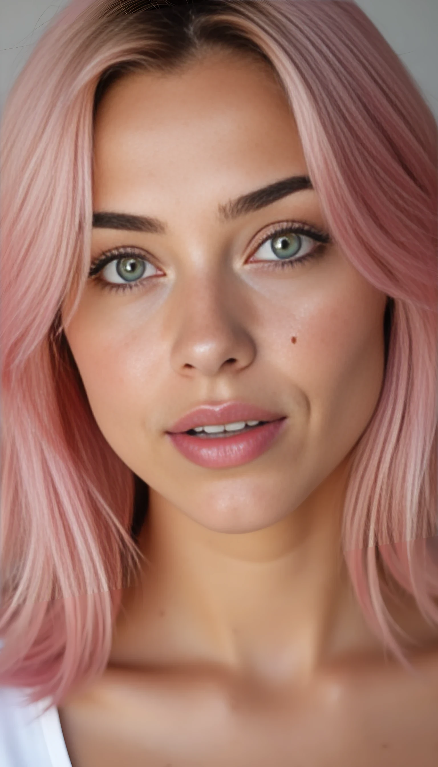 A portrait photo of a beautiful 22 years old model, mixed ethnicity of half white American half Brazilian, with natural pastel pink hair, bright jade green eyes, subtle freckles on her cheeks, ultra detailed eyes with sharp iris reflections, slight smile, studio-quality, extremely realistic HD
