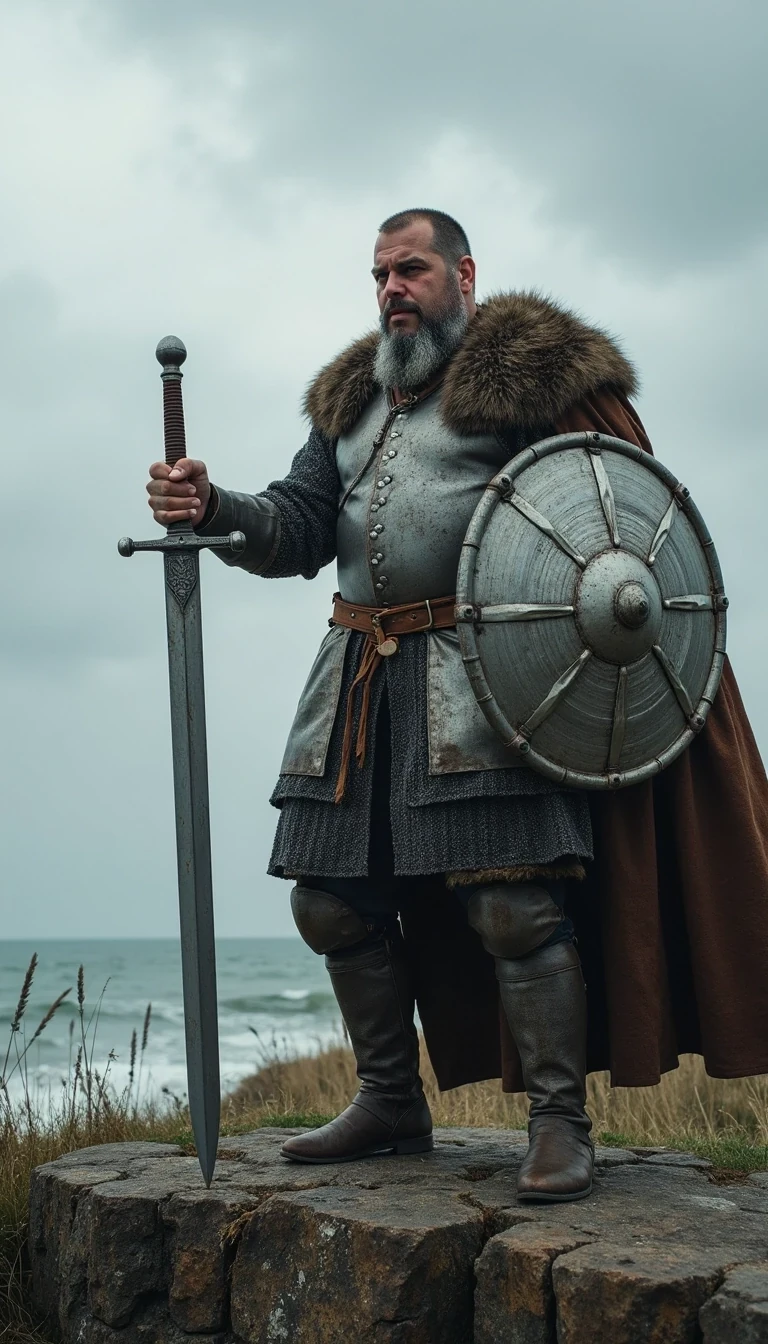 CSTMDL as grey bearded Viking with a viking sword and stylish viking silver shiny Plate armour , standing in warpose on the windy cliff of a treestump and hold the viking sword forward high over the shield with the left hand,  in his right hand he hold a typically fine ornated metal Viking shield the left underleg has a prothese
