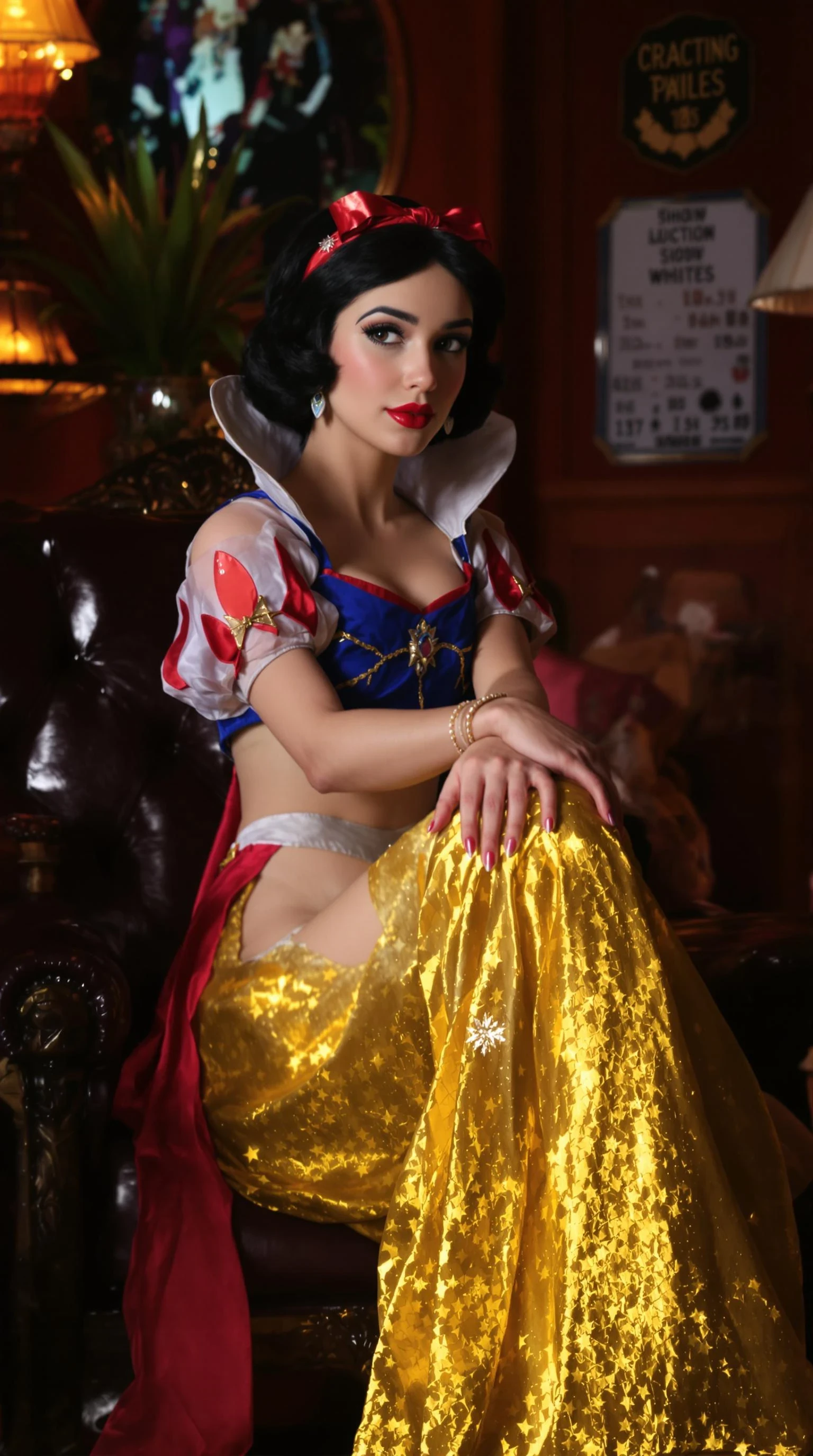 A 21st century new year 2025 modern Disney princess snow white version, snow white is wearing updated year 2025 trendy outfit that is her style, disney pixar, pixar, Disney princess snow white, but shes 18 years old now and a adult film actress, sitting very pretty on the casting couch porn