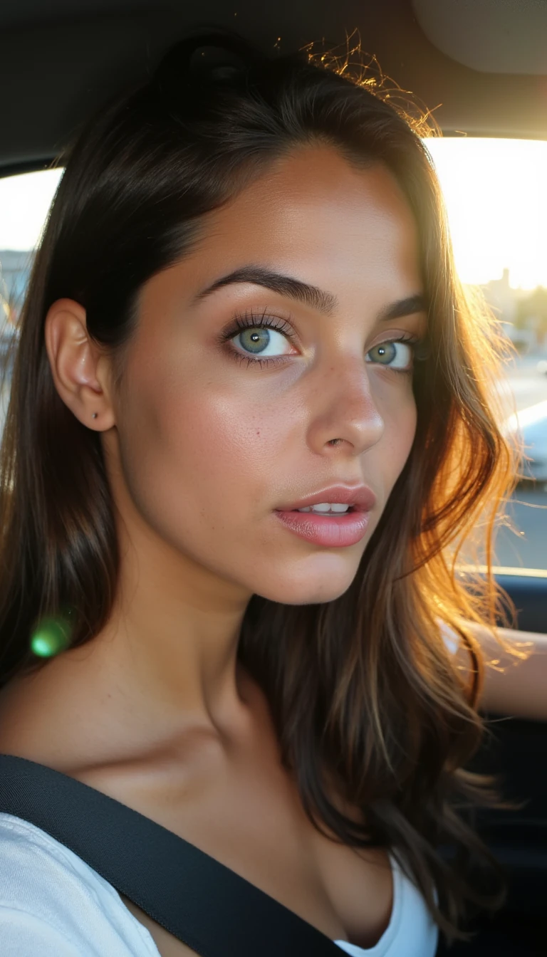close-up of a feminine woman with big soft blue eyes, long dark lashes, defined cheekbones, wavy brown hair cascading over one shoulder, sensual yet innocent expression, slightly open lips, natural glossy skin texture, shot in soft afternoon window-light with shallow depth of field, polish girl, third-person phone photo from passenger seat, she’s driving compact car, hands on steering wheel at 10-and-2, golden late-afternoon sun streaking through windshield, motion-blurred city background, slight lens flare, casual ISO grain