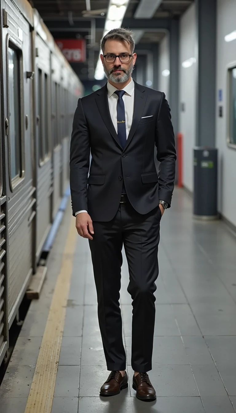 Full body image. make him like a clon of the original train model with pictures. Businessman with modern and expensive fashion outfit. He is wearing a suit and modern Ray-Ban reading glasses. Slim but muscular build. He is facing the camera directly, as if posing for a LinkedIn profile picture. He looks like a CEO of a huge corporation.