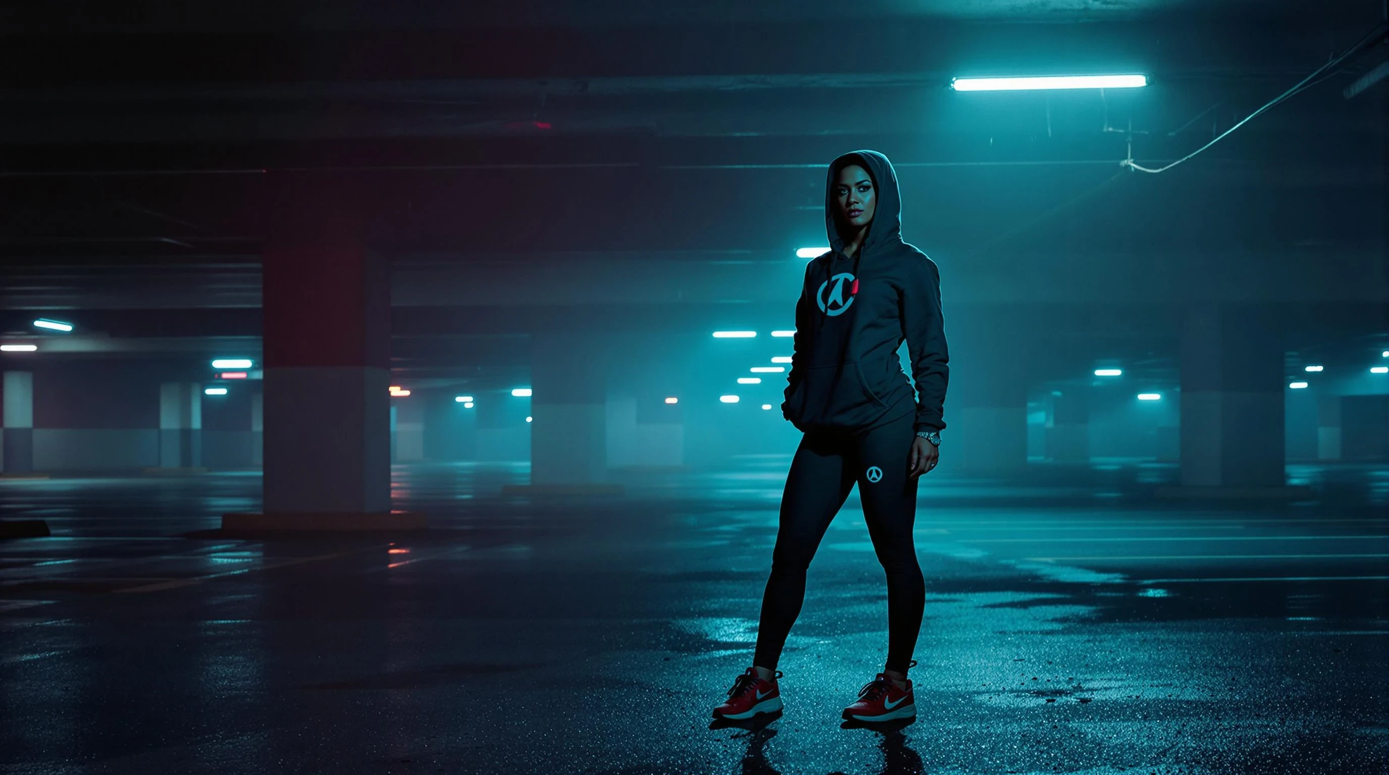 A realistic cinematic photo of a confident, athletic woman standing in an abandoned underground parking lot at night, illuminated by neon lights in red and blue tones. She wears a hoodie, sneakers, and has an intense, focused look. The scene is moody, with foggy air and reflections on the wet ground. The atmosphere feels dark, aggressive, and urban. The composition leaves enough empty space in the center for a circular logo.


