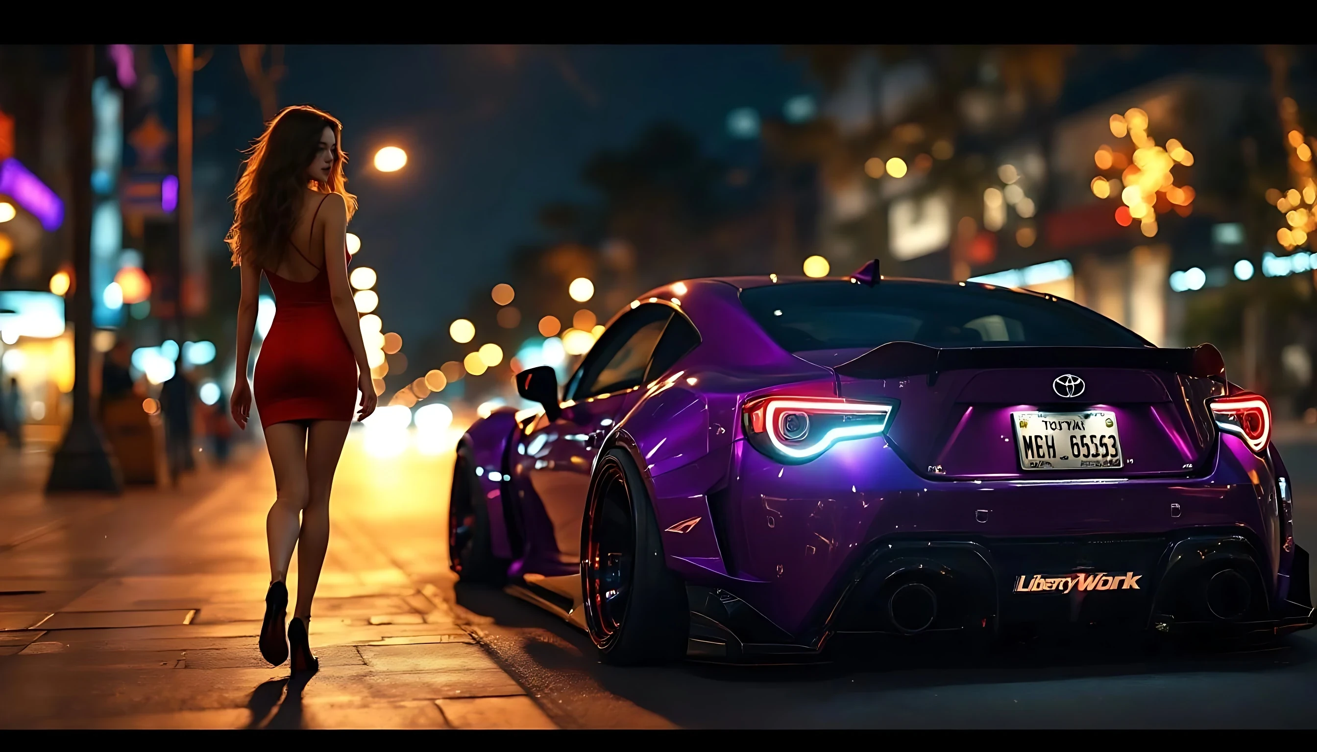 Woman walking past a modified purple Toyota 86 Liberty Walk, looking over her shoulder flirtatiously, wearing a tight red dress and heels, street lights reflecting on car body, cinematic style.


negative prompt:  blurry, low resolution, low quality, distorted face, extra limbs, extra fingers, missing fingers, deformed hands, unnatural skin texture, overexposed, underexposed, bad anatomy, disfigured, mutated, duplicate face, fused limbs, exaggerated features, unrealistic eyes, anime style, cartoon, doll-like, glitch, watermark, text, logo, grain, noisy background, jpeg artifacts, lens distortion, fisheye,deformed hands, extra fingers, missing fingers, double face, bad anatomy, blurry face, disfigured, bad proportions, low quality, artifact, mutated limbs, asymmetrical eyes, face distortion, incorrect lighting, extra limbs, low quality, bad anatomy, disfigured, mutated, deformed, extra limbs, extra fingers, missing fingers, blurry face, ugly face, inconsistent face, bad hands, face distortion, body distortion, duplicate face, glitch, watermark, logo, text,no text,no watermark,no extra fingers no blurry face

