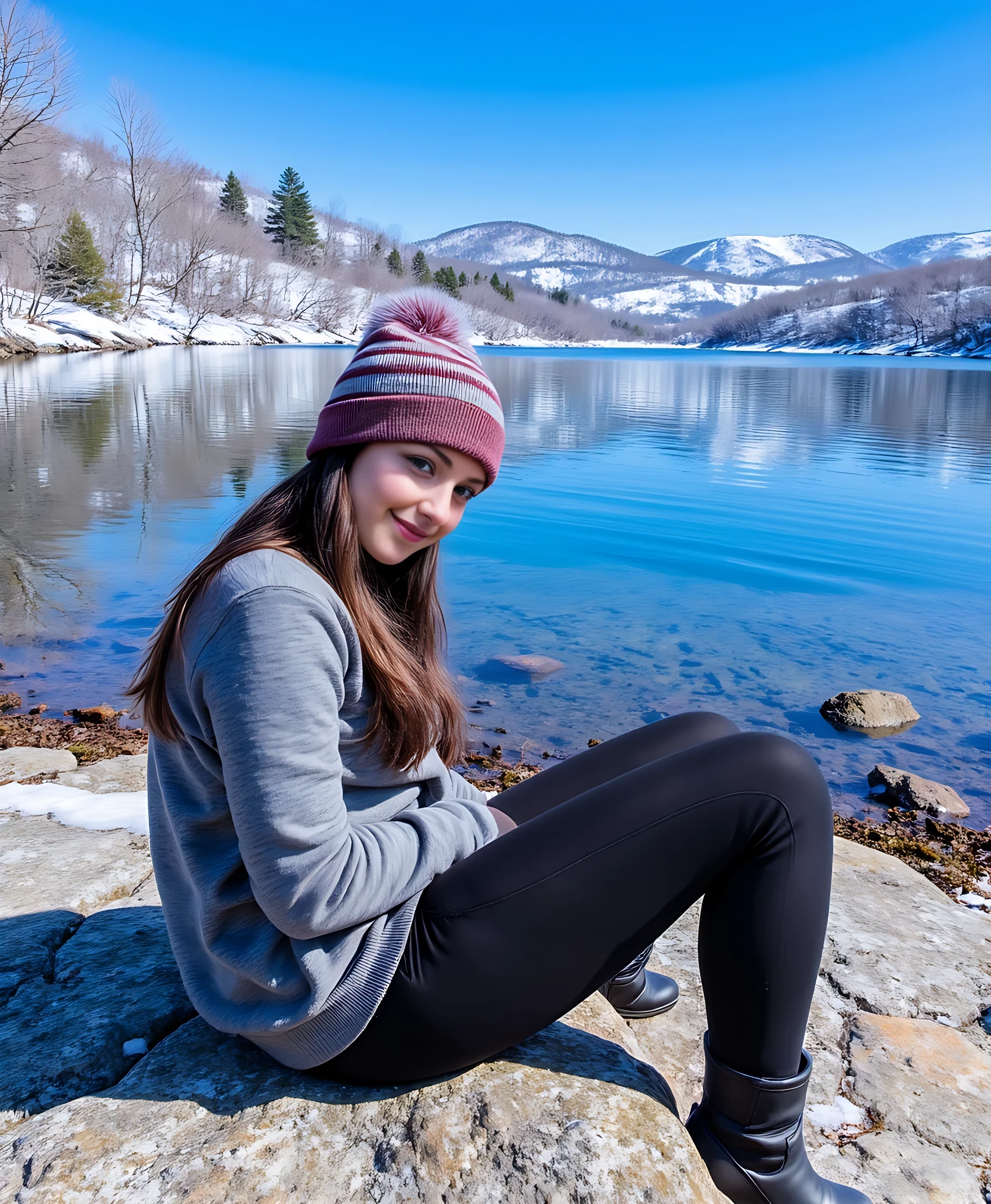 A person is sitting on a rocky lakeshore in casual attire, wearing a striped beanie and black boots. Their expression is playful, with one eye closed and a bright grin. In the background, there's a serene lake reflecting the snow-dusted trees and hills on a clear, sunny day. The sky is bright blue, adding to the crisp, outdoor atmosphere. CSTMDL 