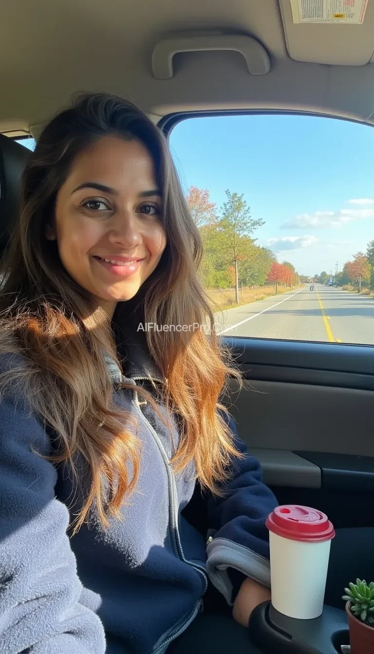 boring low quality snapchat photo nithya 2015, A young pakistan india woman with a warm smile, sitting in the driver's seat of a cozy car. She has soft, wavy brown hair cascading past her shoulders. The sunlight streams through the window, casting a gentle glow on her face. The interior of the car is neat and comfortable, with a coffee cup in the cup holder and a small plant on the dashboard. The background outside the window shows a scenic road lined with trees and blue skies