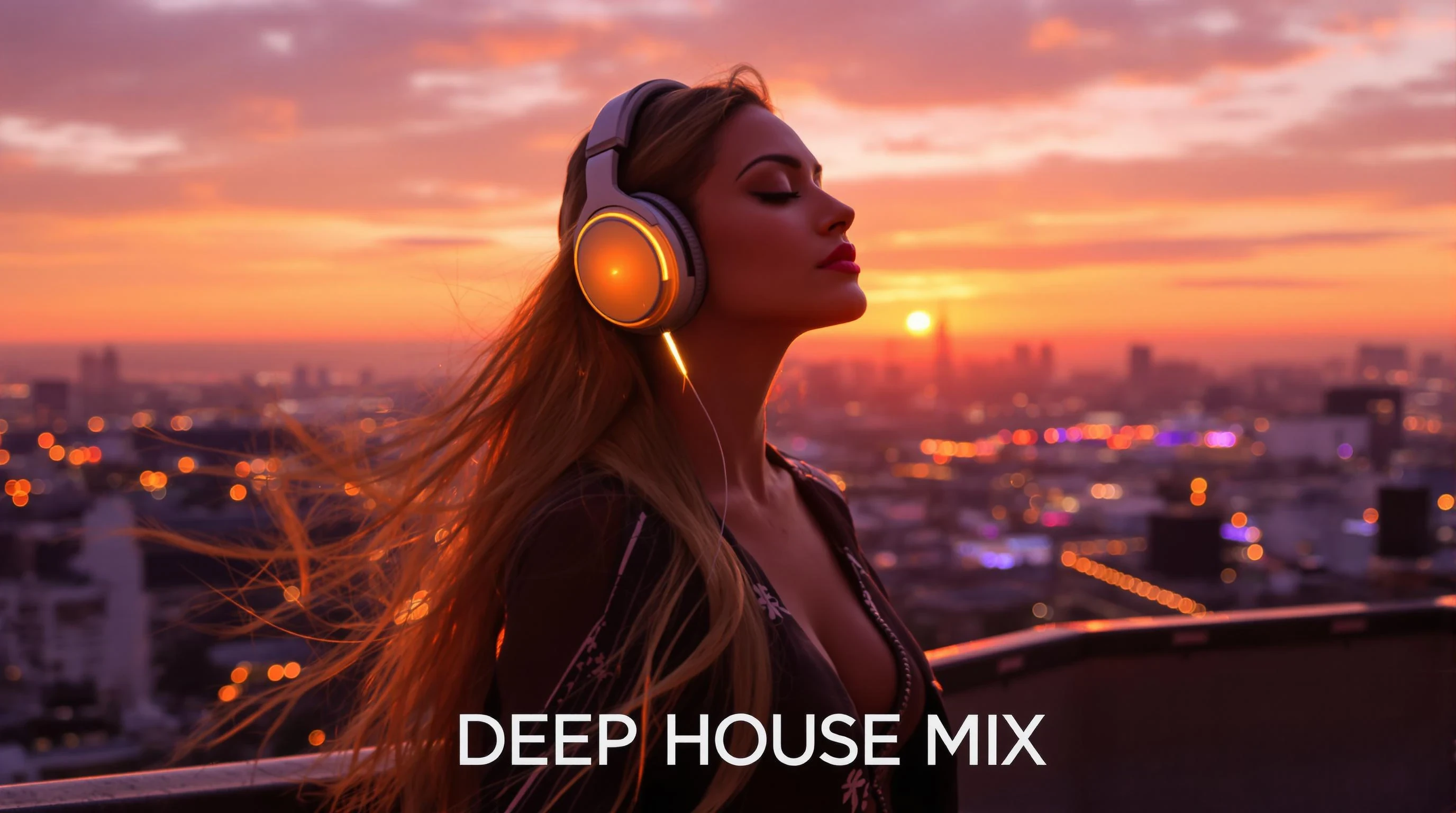 "A stunning woman with long flowing hair standing on a rooftop at golden hour, overlooking a dreamy city skyline. She wears stylish headphones, eyes closed, lost in deep house music. Soft glowing lights, warm sunset tones, elegant fashion, cinematic lighting, futuristic ambiance. text overlay on the bottom with the text "DEEP HOUSE MIX"