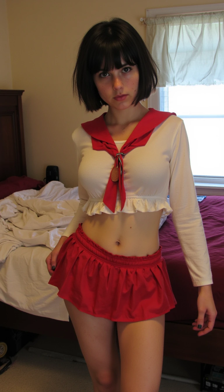 boring low quality snapchat photo circa 2015, cute young petite woman in a dorm room. Dark short hair, green eyes pale skin and freckles. Thin body in a school girl costume, large perky breasts squeezing her tits. 