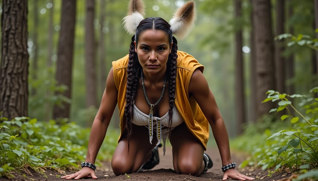 photo of woman CSTMDL, a medium shot photo of, a slim woman, her full body is in the scene, she has a slender petite build with petite small boobs and a flat chest, she has small dark skin nipples with long pointy nipple ducts and small dark skinned areolas, her hair is styled with two long braids she has eagle plumes in her hair, she is not wearing earrings, she is wearing daisy duke denim booty shorts, she is wearing a native American style vest in a golden yellow color over top of her underwear, she is holding her vest open exposing her strapless bra, her bra is a strapless white lace bra, she is wearing white lace panties, she is wearing ankle height smoked hide moccasins, natural lighting, natural light, amateur photography, shot on an iPhone, she is bent over on all fours on the ground with her legs spread wide apart in a densely wooded forest in front of a fat giant native American man, she is maintaining intense eye contact with the camera, a fat giant native American man is directly beside her holding onto booty, public setting, Hyper realism, 16k, uhd, ultra-sharp focus, perfect meshes and textures, highly detailed, highly accurate reflections, natural lighting, natural light, amateur photography,