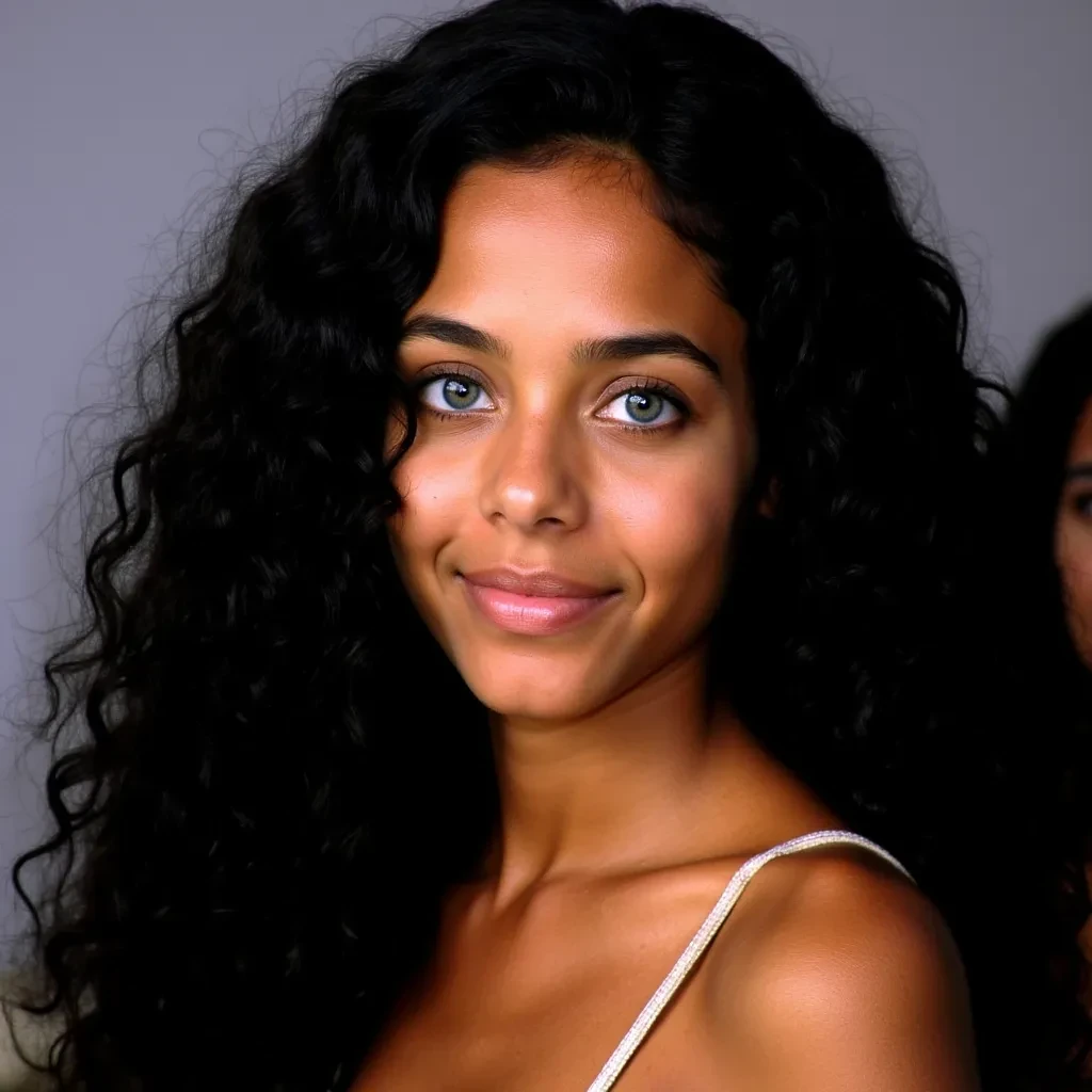 19-year-old Brazilian female with long, tight, curly black hair and caramel skin tone. Blue eyes, clear skin, and an oval-shaped face similar to Jessica Alba. 