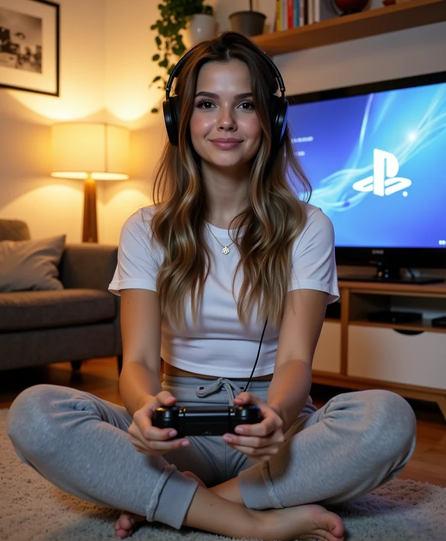 Full body lifestyle photo of a 21-year-old woman CSTMDL with hazelnut eyes, light brown wavyhair , fully toned skin, and big full symmetrical lips. She has no makeup, showing pure natural beauty, and is smiling with focus while playing video games on a PlayStation. She is wearing a casual outfit: short grey sweatpants and a fitted white t-shirt, paired with modern over-ear gaming headphones. 

She is sitting cross-legged on a stylish sofa in a cozy modern living room, holding a PlayStation controller in both hands. The TV screen casts a soft glow on her face, while warm ambient lighting from a floor lamp adds depth and atmosphere to the scene. The background includes subtle home details such as shelves with books and plants, slightly blurred to keep the focus on her. 

The composition is a full body shot, framed to capture her relaxed posture while gaming, with emphasis on her natural beauty and the casual lifestyle setting. Technical aspects: DSLR 35mm lens look, shallow depth of field with soft bokeh background, HDR, ultra photorealistic, professional photography, highly detailed skin, fabric, and gaming gear textures, 8k high definition, Instagram lifestyle style.

Sharp focus on facial features, High dynamic range, 85mm lens look