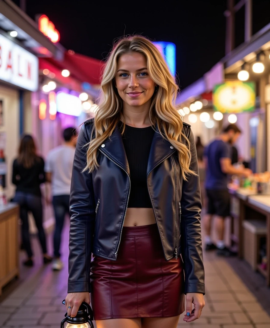 The image is a photograph featuring a young Caucasian woman, CSTMDL, with long, wavy blonde hair, walking through a bustling Durham night market. She wears a form-fitting navy leather jacket and burgundy skirt that contours her silhouette respectfully, holding a glowing lantern in one hand. Her smile is shy but confident, hair glowing under neon signs, with vibrant market stalls in the background. Highly detailed, 8K, dynamic lighting, urban lifestyle style with deep blues and reds.