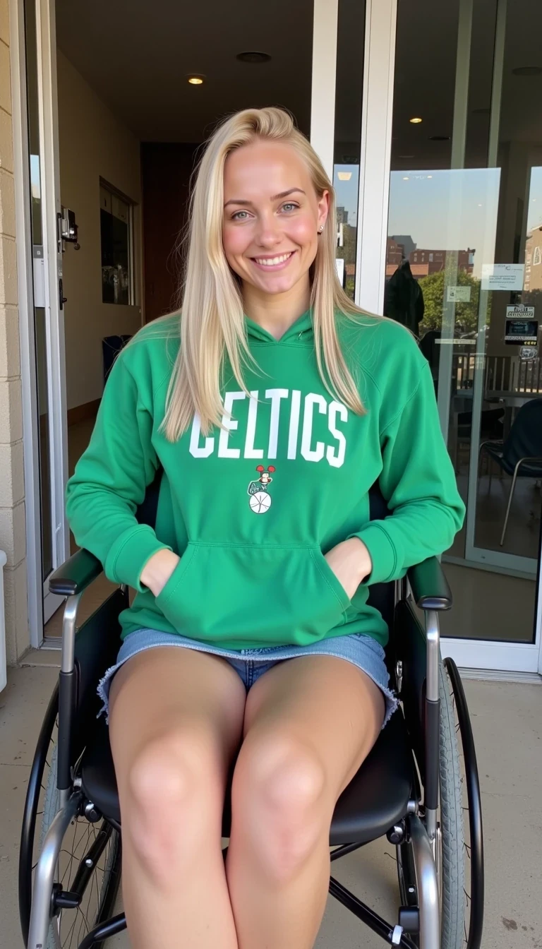 CSTMDL, Hailey, hyper-realistic photograph of a young woman in her early-20s with warm fair skin tone, blonde hair cascading over her shoulders, getting out of a hospital, she is sitting down on a wheelchair, she is wearing a jean skirt and a green Celtics hoodie, she is looking at the camera with a smile,  no visible sweat or signs of exertion, no accessories except a white hospital band on her right wrist, background includes the double sliding doors from the hospital, a second woman, CSTMDL, Lory is being her pushing the wheelchair, overall atmosphere of quiet vulnerability mixed with subtle allure, medium shot from a low angle, captured with a Canon EOS 5D Mark IV camera using a 50mm prime lens at f/2.8 aperture, ISO 200, natural outdoor lighting with high detail and sharpness, photorealistic textures on the thin cotton fabric of the hoodie  with faint wrinkles and soft folds, glossy sliding doors reflections, ultra-detailed skin pores and hair strands, indistinguishable from a real high-resolution photo