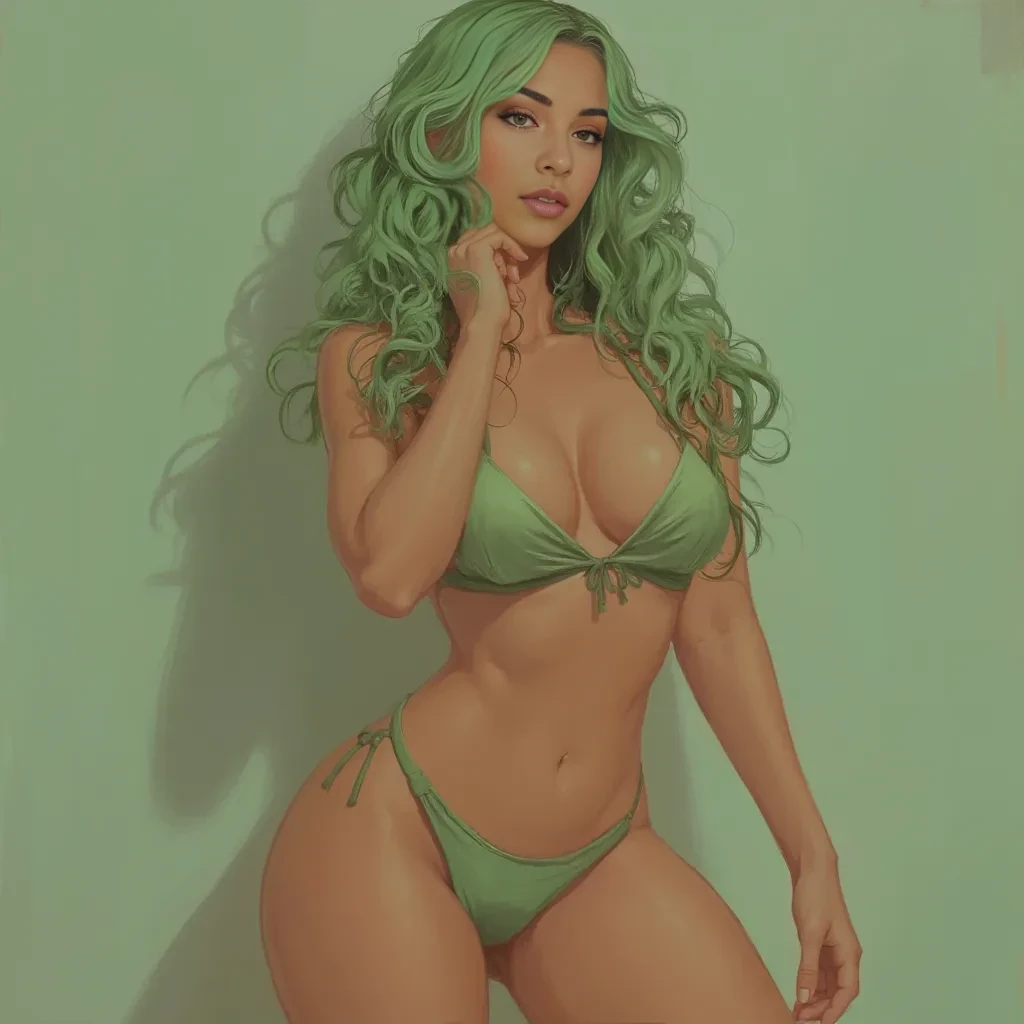 light green wavy hair, big boobs, not too big, fit body