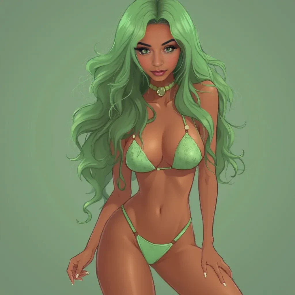 light green wavy hair, big boobs, not too big, fit body