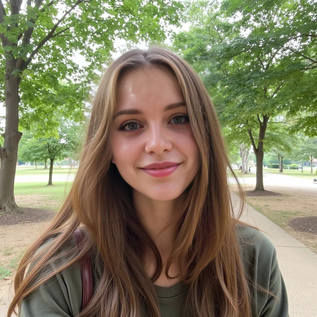 boring low quality snapchat photo circa 2015, cute woman, soft light brown hair, full outfit, in a park with trees