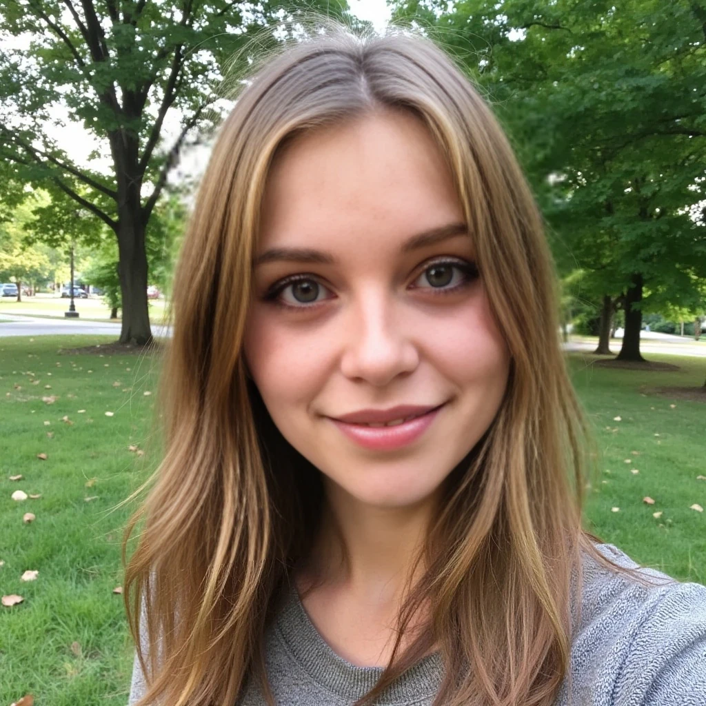 boring low quality snapchat photo circa 2015, cute woman, soft light brown hair, full outfit, in a park with trees