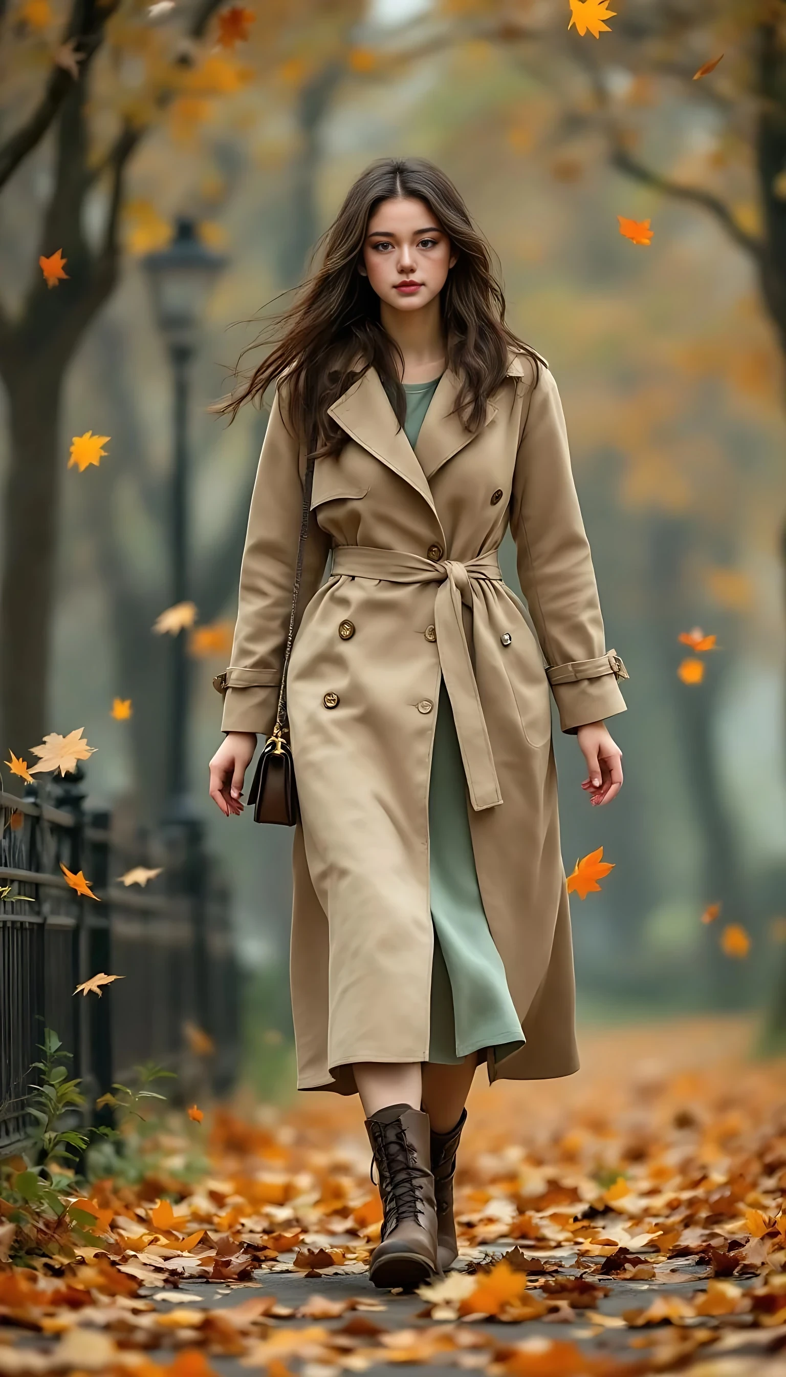 A young woman walking through a park in autumn, leaves falling around her, wearing a beige trench coat over a soft green midi dress, boots and a small handbag — full body street-style fashion.



negative prompt:  blurry, low resolution, low quality, distorted face, extra limbs, extra fingers, missing fingers, deformed hands, unnatural skin texture, overexposed, underexposed, bad anatomy, disfigured, mutated, duplicate face, fused limbs, exaggerated features, unrealistic eyes, anime style, cartoon, doll-like, glitch, watermark, text, logo, grain, noisy background, jpeg artifacts, lens distortion, fisheye,deformed hands, extra fingers, missing fingers, double face, bad anatomy, blurry face, disfigured, bad proportions, low quality, artifact, mutated limbs, asymmetrical eyes, face distortion, incorrect lighting, extra limbs
