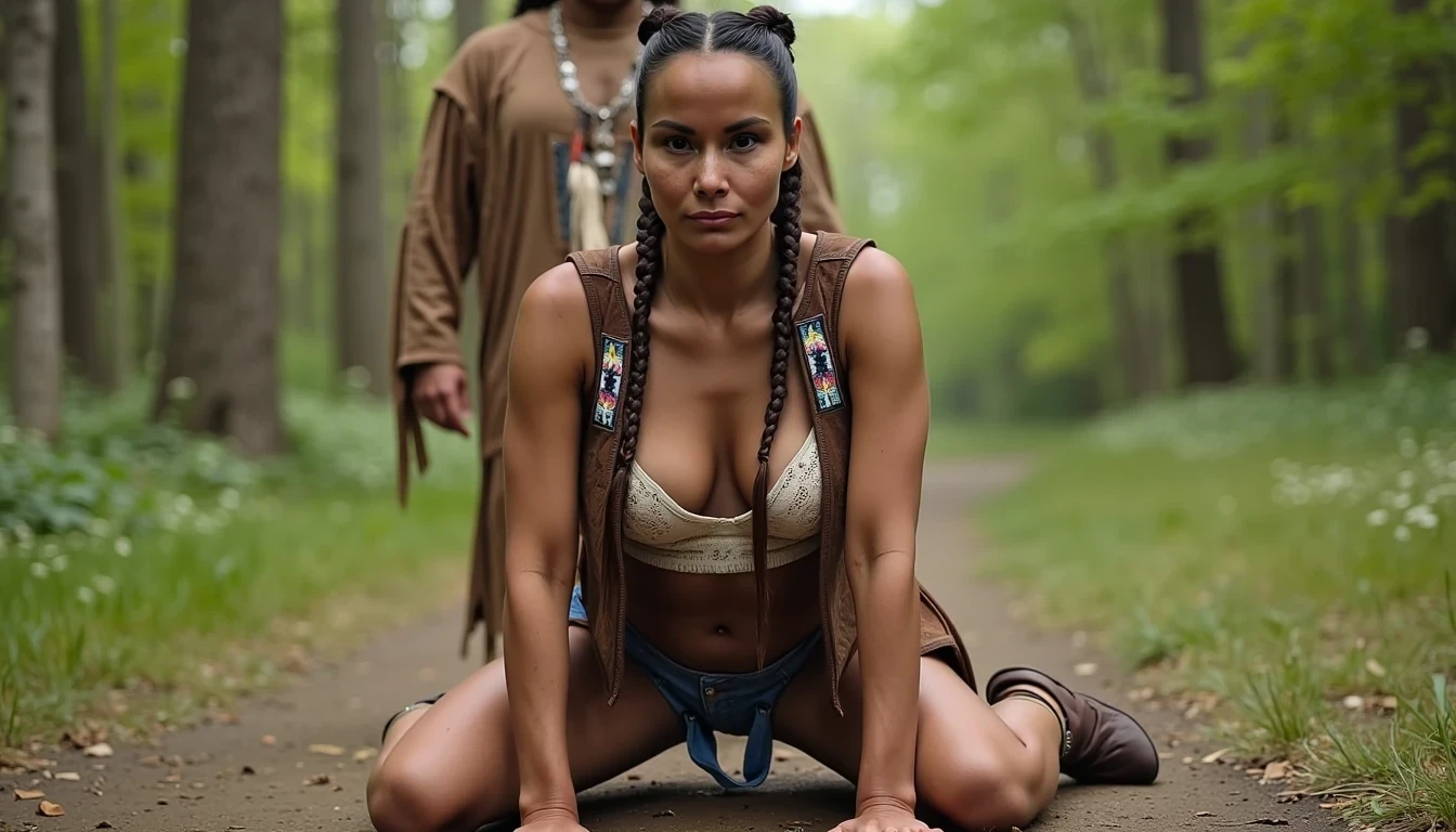 photo of woman CSTMDL, a medium shot photo of, a slim woman, her full body is in the scene, she has a slender petite build with petite small boobs and a flat chest, she has small dark skin nipples with long pointy nipple ducts and small dark skinned areolas, her hair is styled with two long braids, she is not wearing earrings, she is wearing daisy duke denim booty shorts, she is wearing a native American style vest over top of her underwear, she is holding her vest open exposing her strapless bra, her bra is a strapless white lace bra, her nipples are visible through her bra, she is wearing ankle height smoked hide moccasins, natural lighting, natural light, amateur photography, shot on an iPhone, she is posing bent over on all fours on the ground with her legs spread apart in in a wooded area in front of a fat native American man, she is maintaining intense eye contact with the camera, a fat native American man is directly behind her,  public setting, Hyper realism, 16k, uhd, ultra-sharp focus, perfect meshes and textures, highly detailed, highly accurate reflections, natural lighting, natural light, amateur photography, 