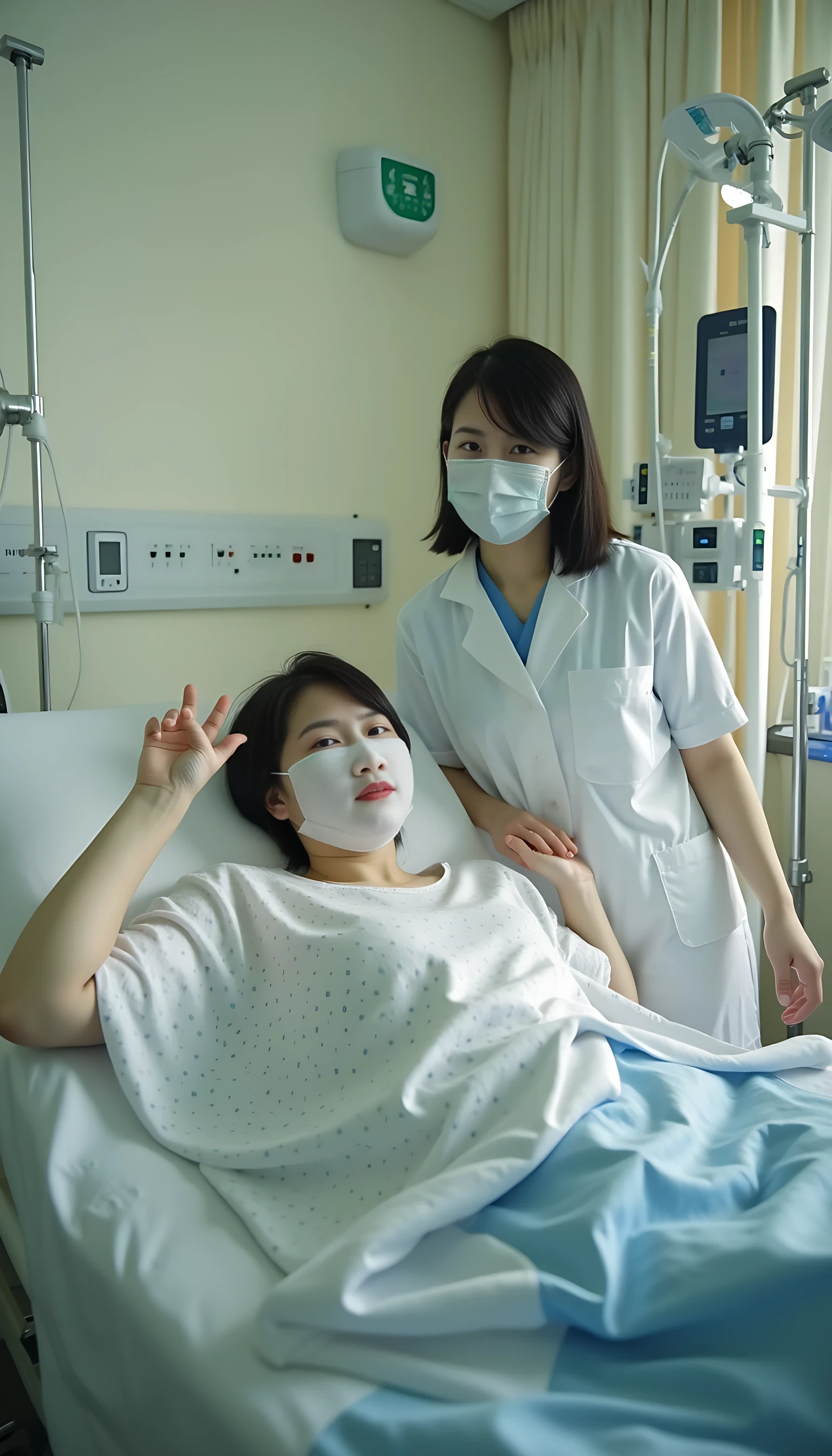Hyper-realistic hospital scene, a woman in a patient gown lying on a hospital bed, short black hair, wearing a medical mask, confidently making a victory sign; detailed medical equipment including IV drips and monitors surrounding her, a staff nurse in a white uniform and mask standing attentively nearby. Soft natural light illuminating the room, subtle reflections on metallic medical instruments, warm and clean atmosphere, highly detailed textures on skin, fabrics, and equipment; shot from a medium angle to capture the intimate and hopeful interaction, 8K resolution, cinematic lighting, ultra-sharp focus.
