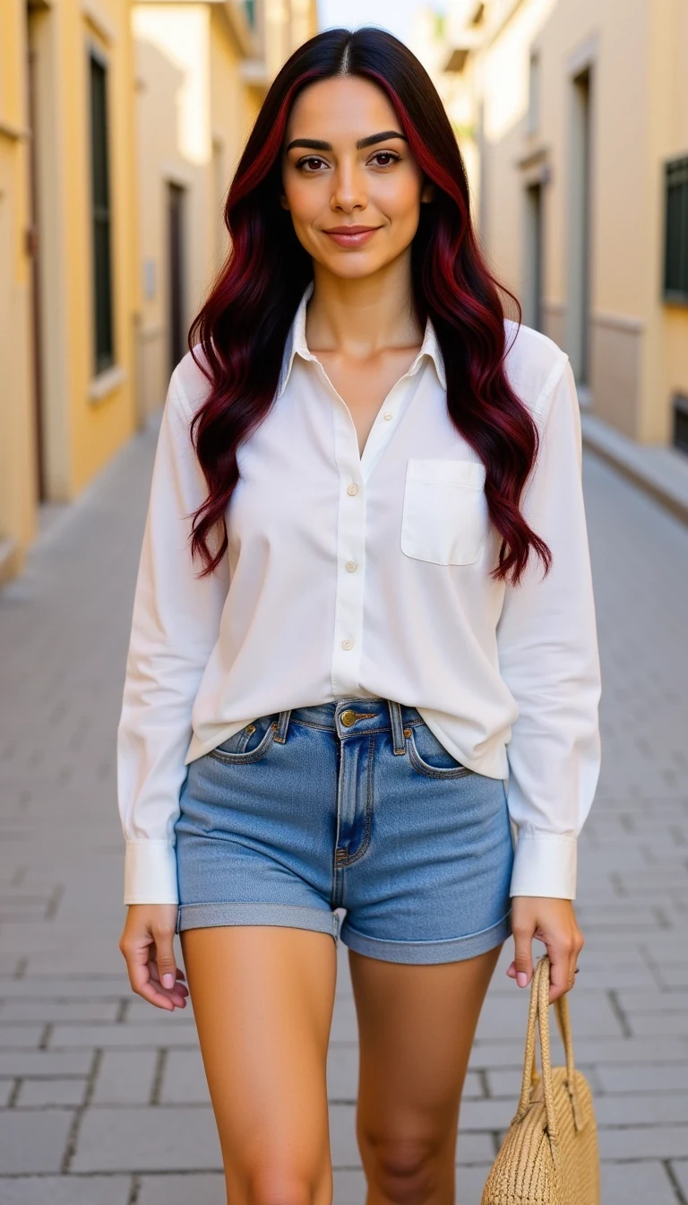 Photograph of a young woman with long, wavy, dark hair with red highlights, wearing a white button-up shirt and high-waisted denim shorts, standing on a sunlit, stone-paved street, holding a straw handbag, CSTMDL