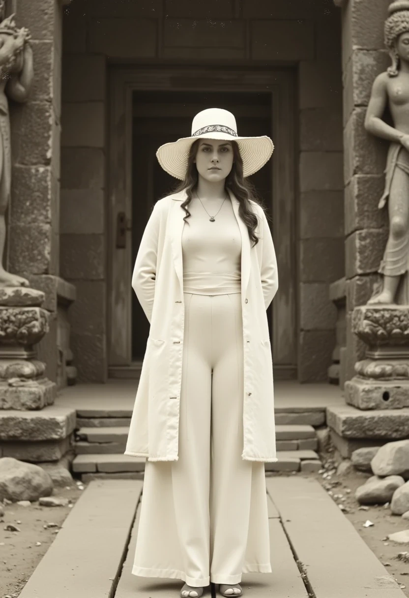 photo of a woman CSTMDL, beautiful, hair tied, stands confidently in front of an ancient Cambodian Khmer temple, wearing a vintage 1900 inspired, cream-colored suit with a long coat and wide-legged dress. She wears a small pendant. The photo is an old black and white type. She dons a vintage white explorer hat adorned with a decorative band, and her hands are gently crossed behind her back. The background features large stone statues and intricate carvings, evoking a sense of historical grandeur. The wooden walkway beneath her adds a touch of rustic charm to the scene.