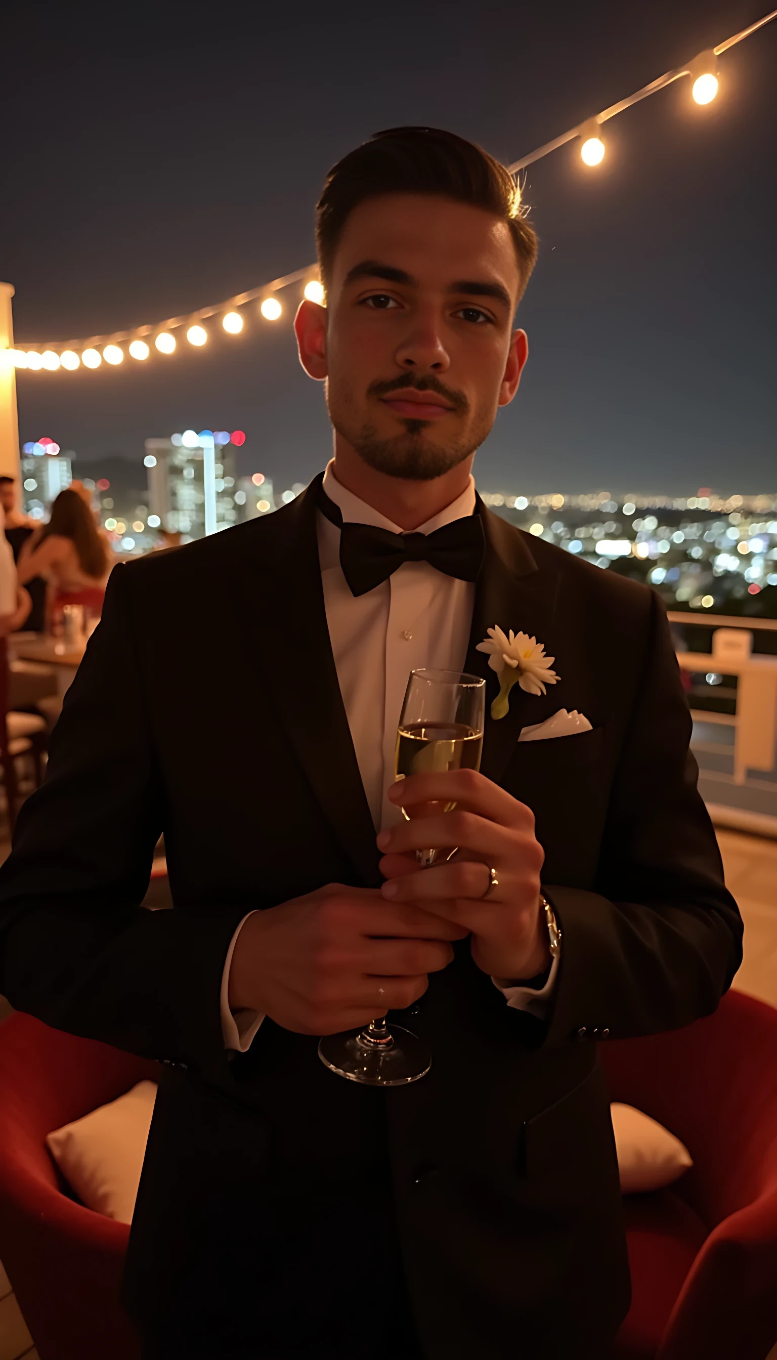 Transform this photo into a high-end rooftop scene at night. Keep his face and outfit realistic, but enhance the lighting slightly to give a moody, luxury club feeling.
Add warm string lights in the background, a skyline view, and classy decor like champagne glasses or velvet furniture. Subtle skin smoothing, cinematic but real.