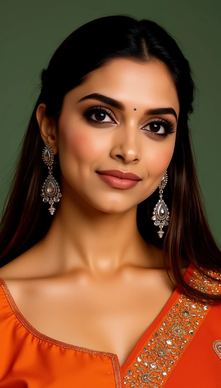 medium shot of CSTMDL, 20 years old indian girl, she has dark brown hair and dark brown eyes

Sharp focus on facial features, High dynamic range, 85mm lens look

stunning Indian woman with an oval face, high cheekbones, elongated features, and a graceful jawline. Deep almond-shaped dark brown eyes, full lips with a soft nude tone, radiant golden-brown skin, and long flowing dark hair. 

Soft dewy foundation with warm undertones, subtle contouring, peach-toned blush on the cheeks, and a golden highlighter on the high points of the face. Bold black eyeliner with a slight wing, kohl applied to the lower lash line, and long thick curled lashes. Neutral warm-brown eyeshadow blended softly across the lids. Well-defined thick eyebrows with a natural arch. Lips painted in a deep rose-matte shade, slightly overlined for fullness. 

A portrait of a woman with an elegant and serene expression. She wears a traditional ethnic ensemble, comprising a richly embroidered orange kurta embellished with intricate patterns, complemented by a matching dupatta draped gracefully over her shoulder. The attire is adorned with delicate silver jewelry, including large statement earrings and an ornate maang tikka on her forehead. The background features a smooth, muted green hue that enhances the vibrancy of her outfit. Lighting is soft yet focused, accentuating her facial features while creating a warm, inviting atmosphere. The composition emphasizes her face and upper body, aligning her slightly to the left of center for a balanced look. The overall styling captures cultural heritage, elegance, and poise, styled in a contemporary manner. Take note of the texture of the fabric and the shimmering quality of the jewelry to highlight luxurious details in the image. This portrait conveys grace and beauty, ideal for showcasing traditional attire in a modern context.

Bright indoor lighting, vibrant colors, Bollywood drama vibe. 

ultra-realistic portrait of a young woman, perfect smooth skin, no wrinkles, no blemishes, soft natural glow, even skin tone, high detail, cinematic lighting, beauty photography, 8k resolution young woman with flawless, smooth, wrinkle-free skin, perfectly even complexion, soft natural glow, poreless texture, s makeup on neck and body