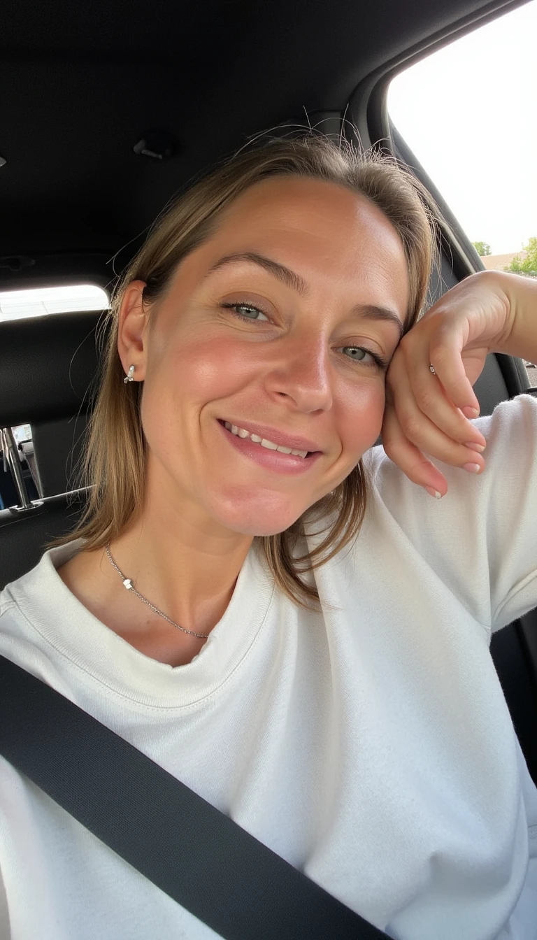 Natural selfie sitting in the car with leg up on elbow and smiling