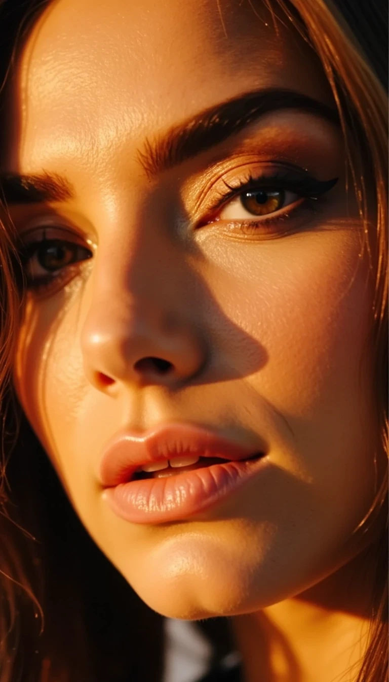 
ASTRA VICE close-up with glowing skin, smokey eye make-up, glossy lips, golden hour sunlight on her face, seductive expression, ultra-realistic Instagram photo. CSTMDL 
