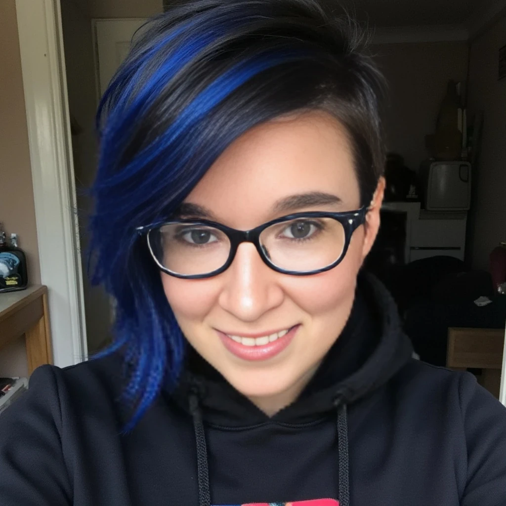 boring low quality snapchat photo circa 2015, cute woman, medium length blue hair with dark roots cut into a short side shaven pixie style, wears black rimmed glasses, full outfit
