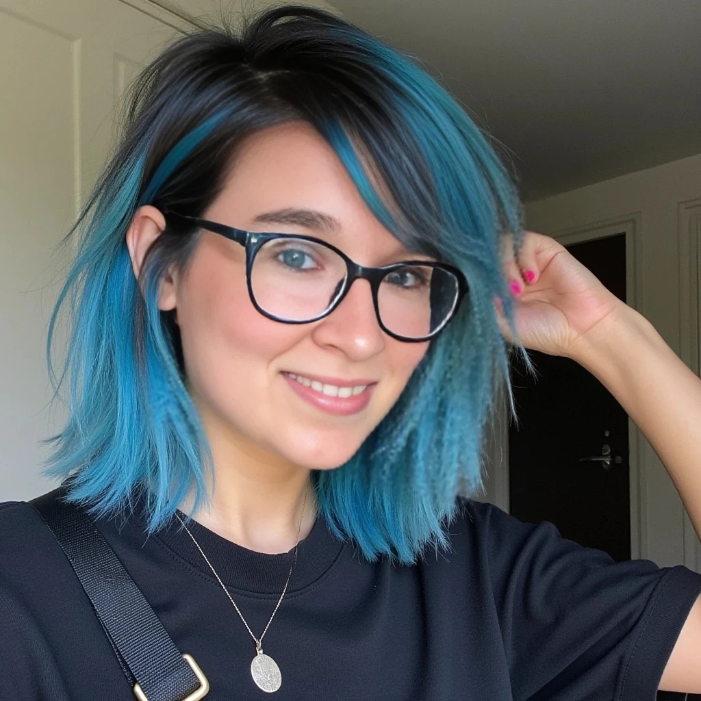 boring low quality snapchat photo circa 2015, cute woman, medium length blue hair with dark roots cut into a short side shaven pixie style, wears black rimmed glasses, full outfit