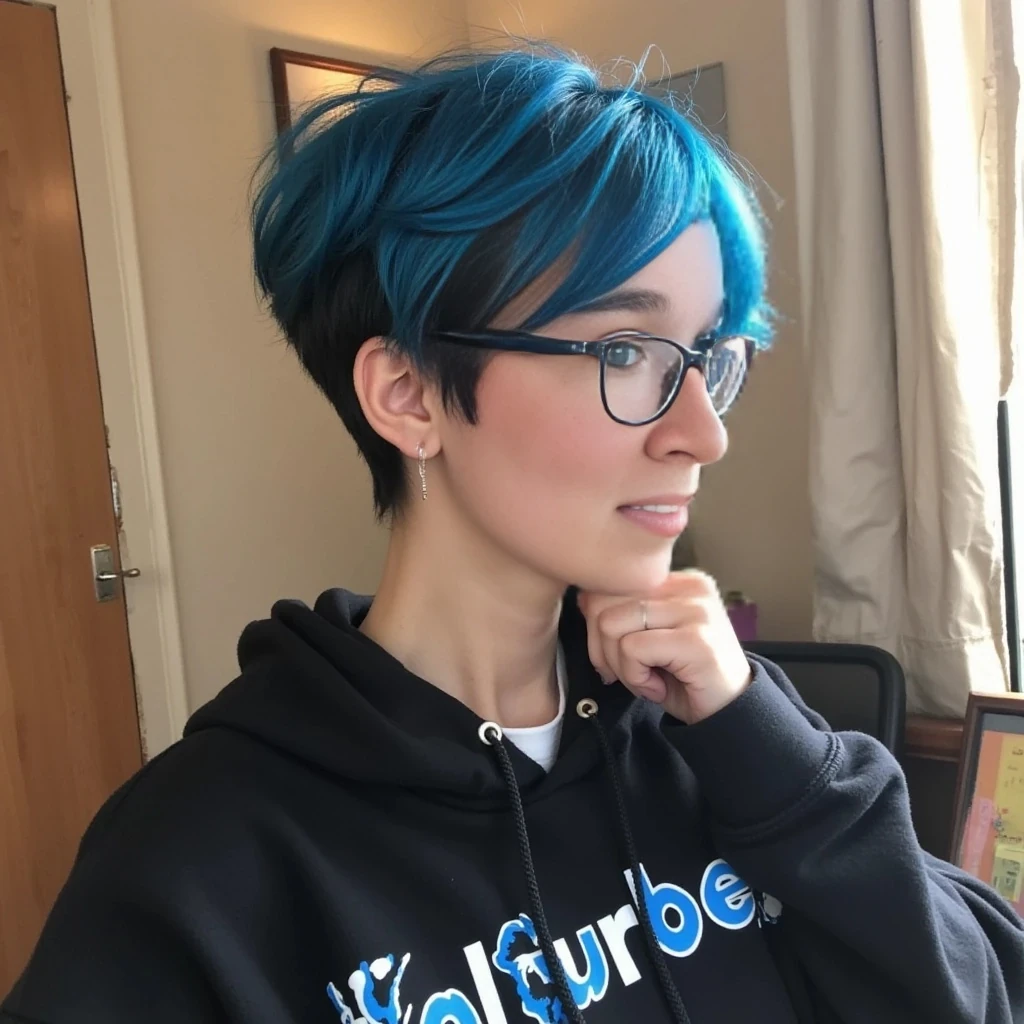 boring low quality snapchat photo circa 2015, cute woman, medium length blue hair with dark roots cut into a short side shaven pixie style, wears black rimmed glasses, full outfit