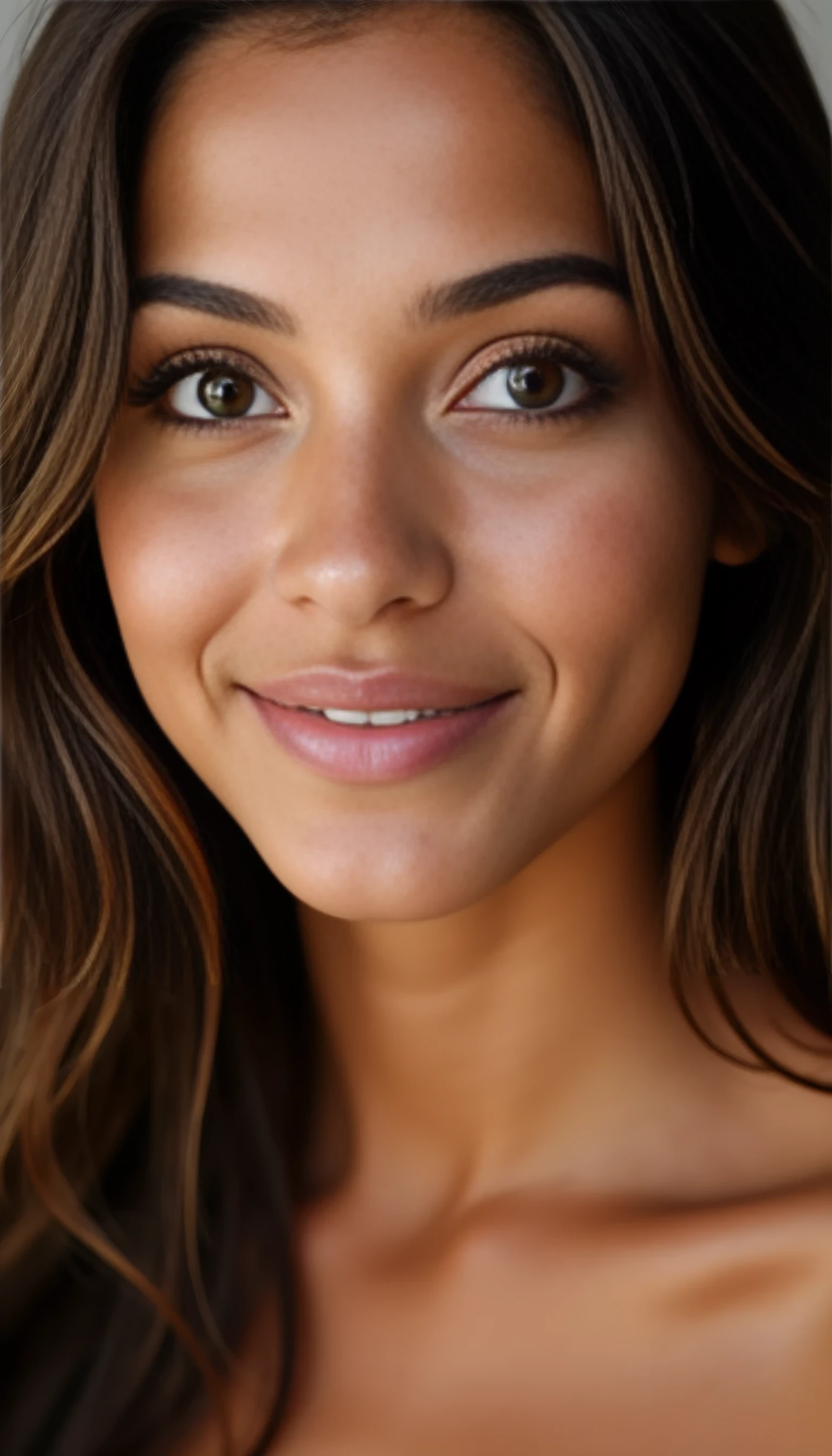 A studio-quality portrait photo full face of a beautiful 21 years old model, mixed ethnicity of half white American half Brazilian, with brunette hair, ultra detailed eyes with sharp iris reflections, slight smile