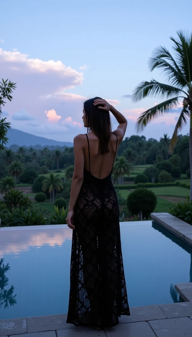 CSTMDL  standing at the edge of an infinity pool at sunset, wearing a sheer black crochet maxi dress that reveals her silhouette zith tiny string and boobs E. She faces away from the camera, looking out over lush tropical palm trees and terraced rice fields in the distance. Her hand is gently placed on her head, her other arm resting casually on the stone edge of the pool. The sky is painted in soft shades of blue and lavender as the daylight fades, creating a serene and exotic atmosphere. The water reflects the palm trees and evening sky, adding to the dreamy, luxurious vacation vibe.